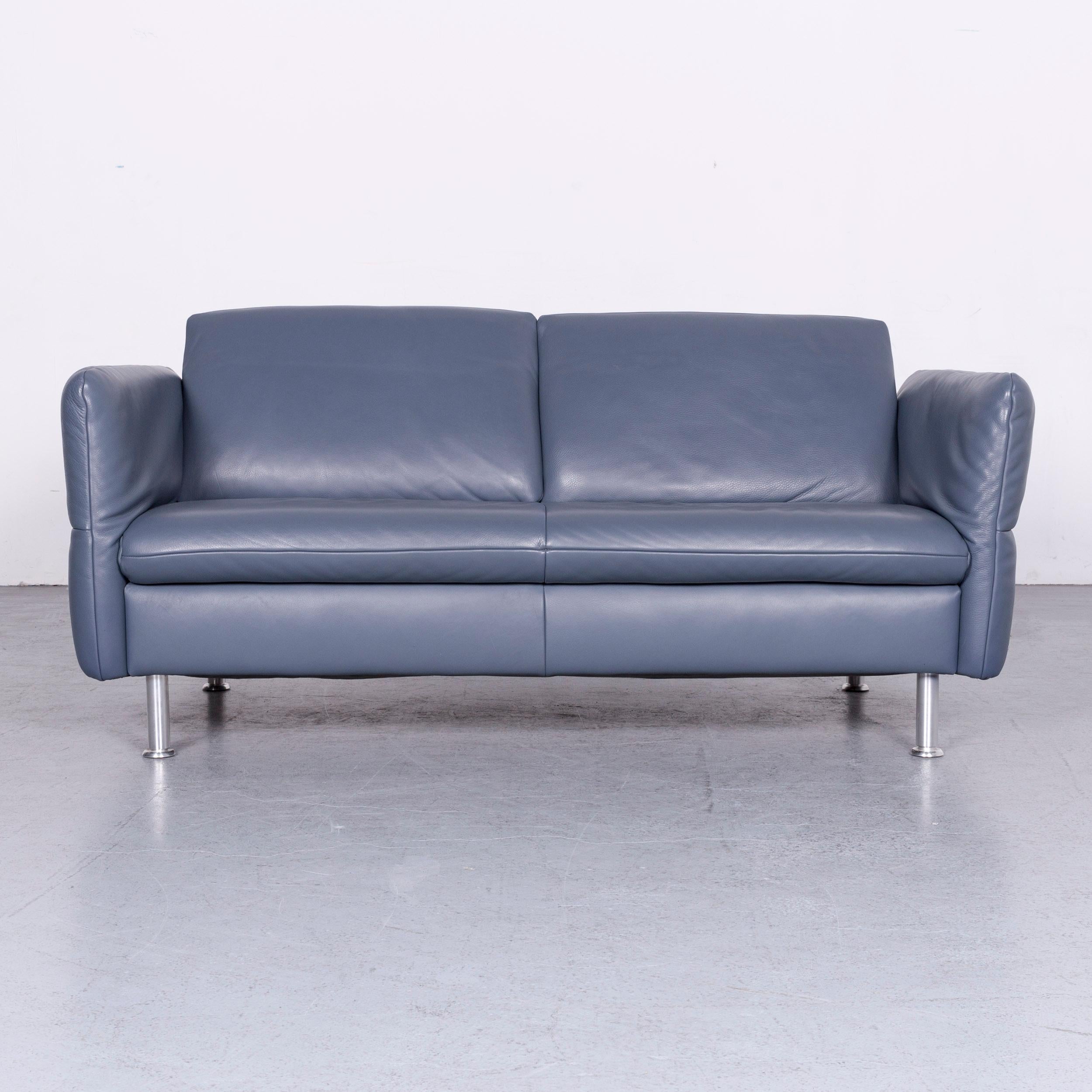Contemporary Koinor Designer Two-Seat Sofa Armchair Footstool Set Blue Leather