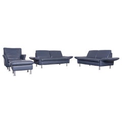 Koinor Designer Two-Seat Sofa Armchair Footstool Set Blue Leather