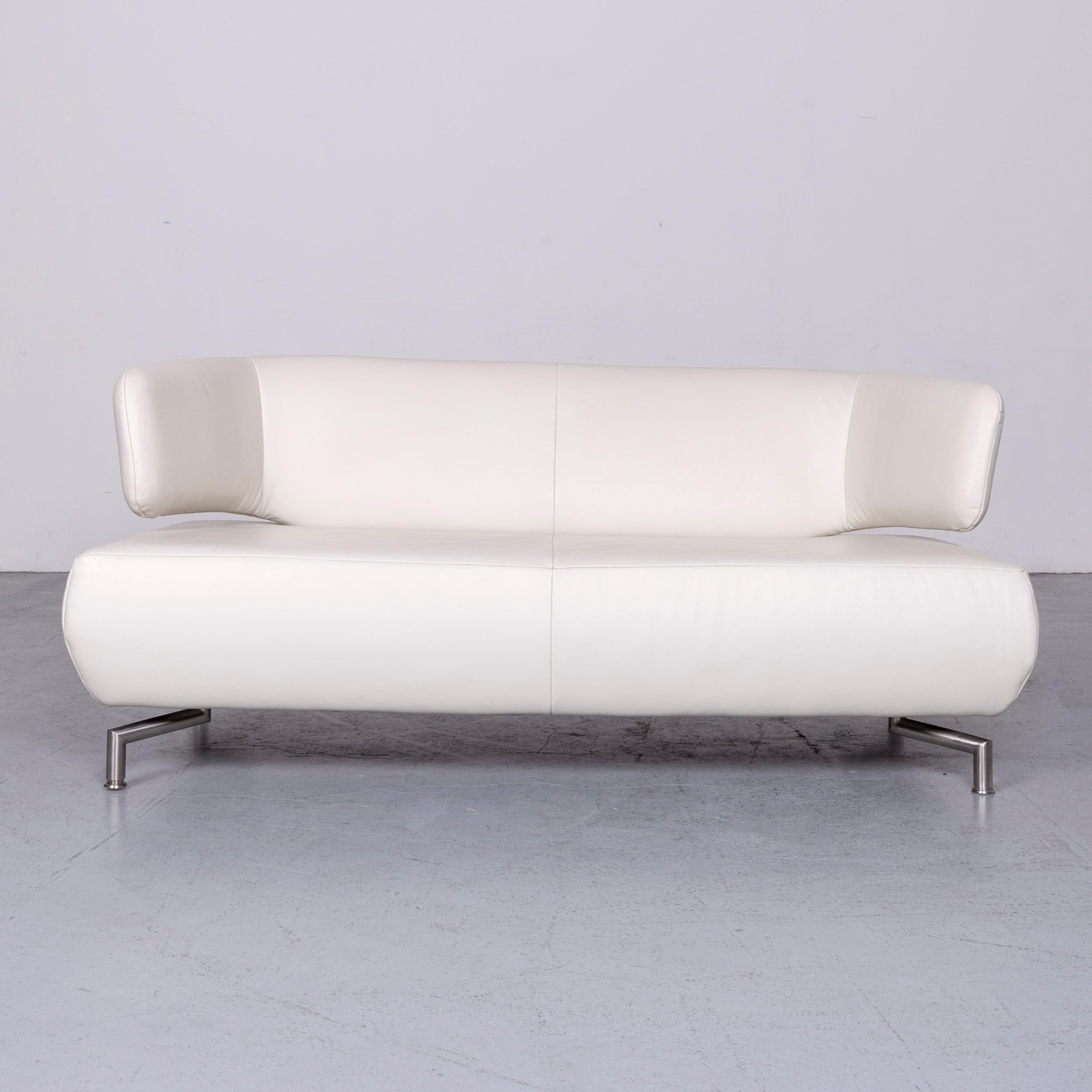 German Koinor Designer Two-Seat Sofa White Leather Couch with Pillow