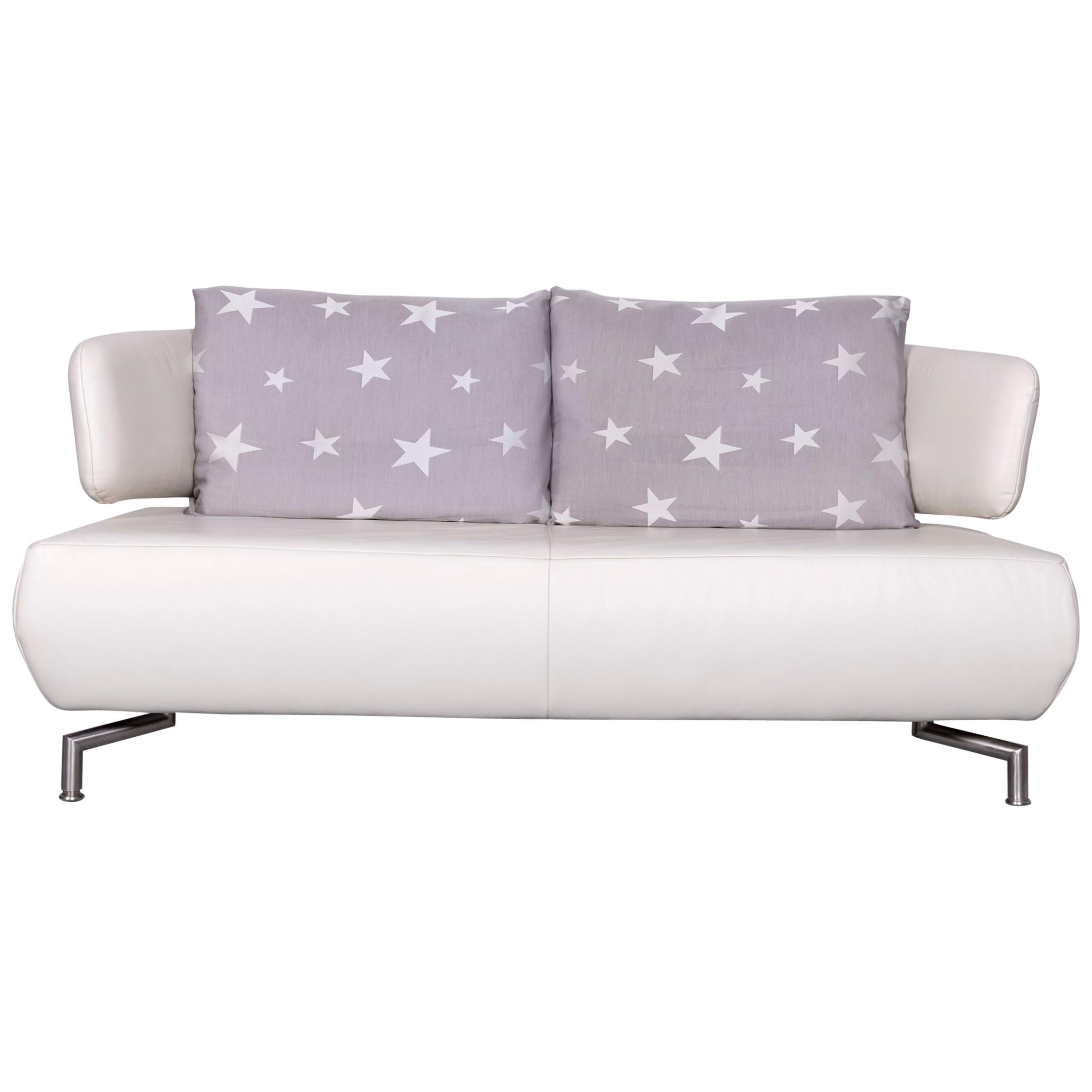 Koinor Designer Two-Seat Sofa White Leather Couch with Pillow