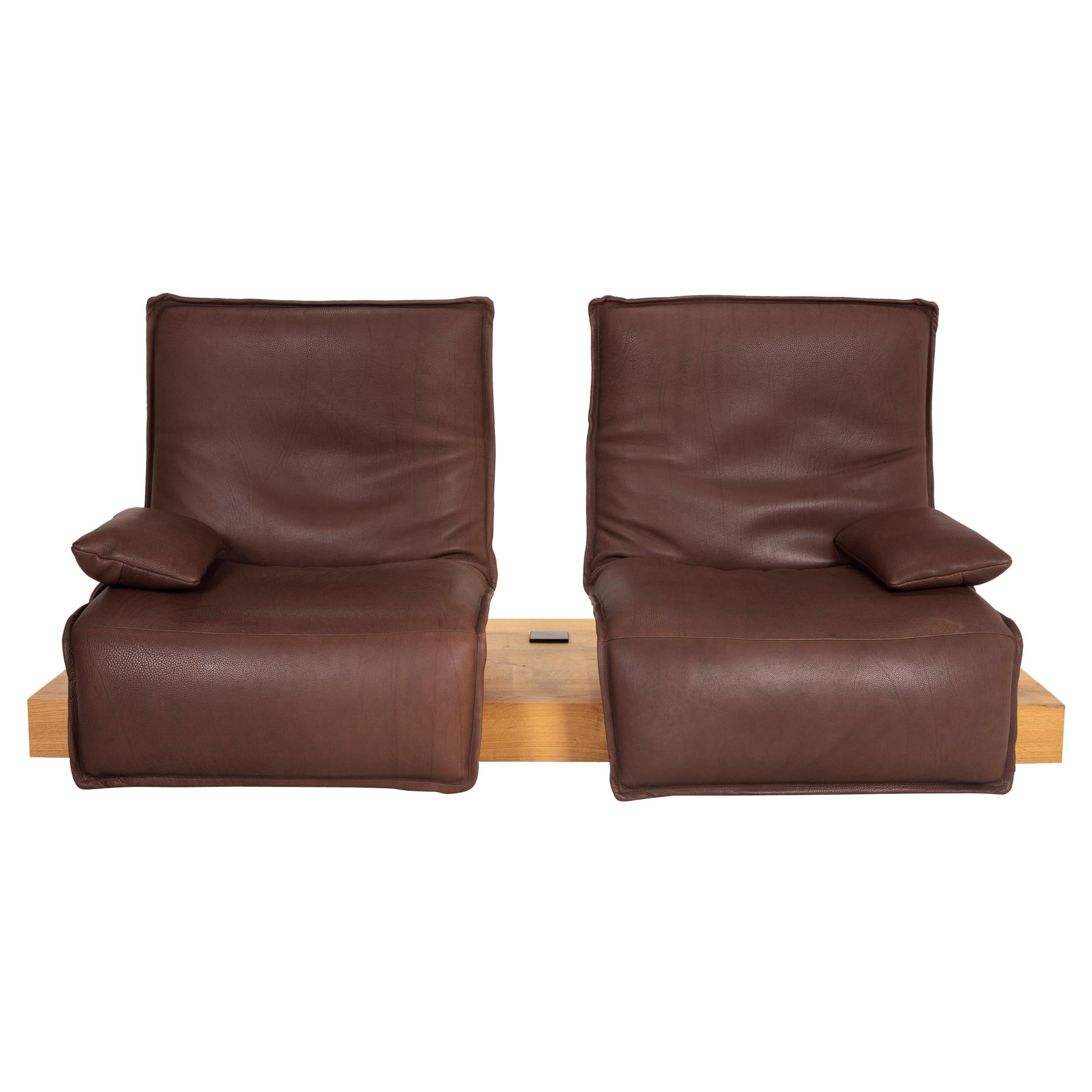 Koinor Epos 3 Leather Sofa Brown Two-Seater Wood Couch with Electrical Function