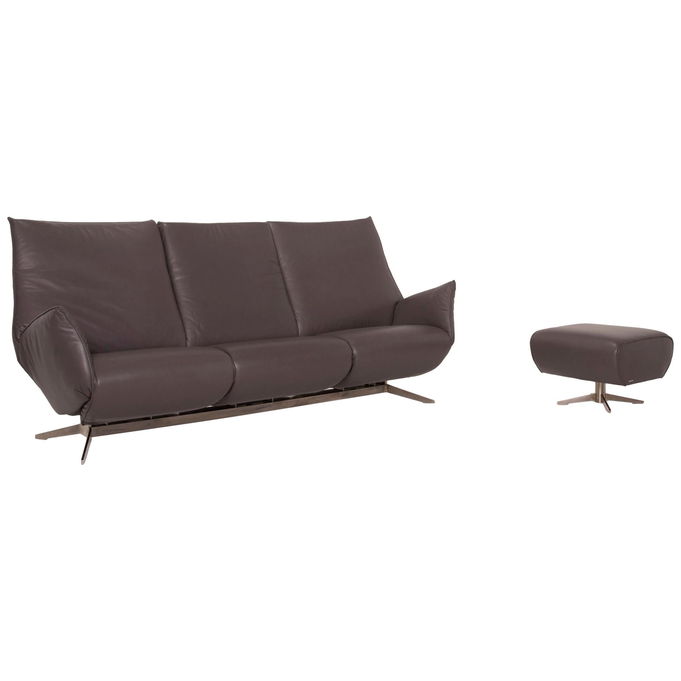 Koinor Evita Leather Sofa Set Gray Brown 1x Three-Seater 1x Stool For Sale