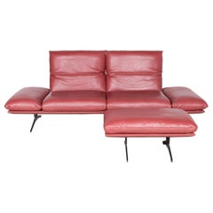 Koinor Francis Designer Leather Sofa Footstool Set Red Three-Seat Couch