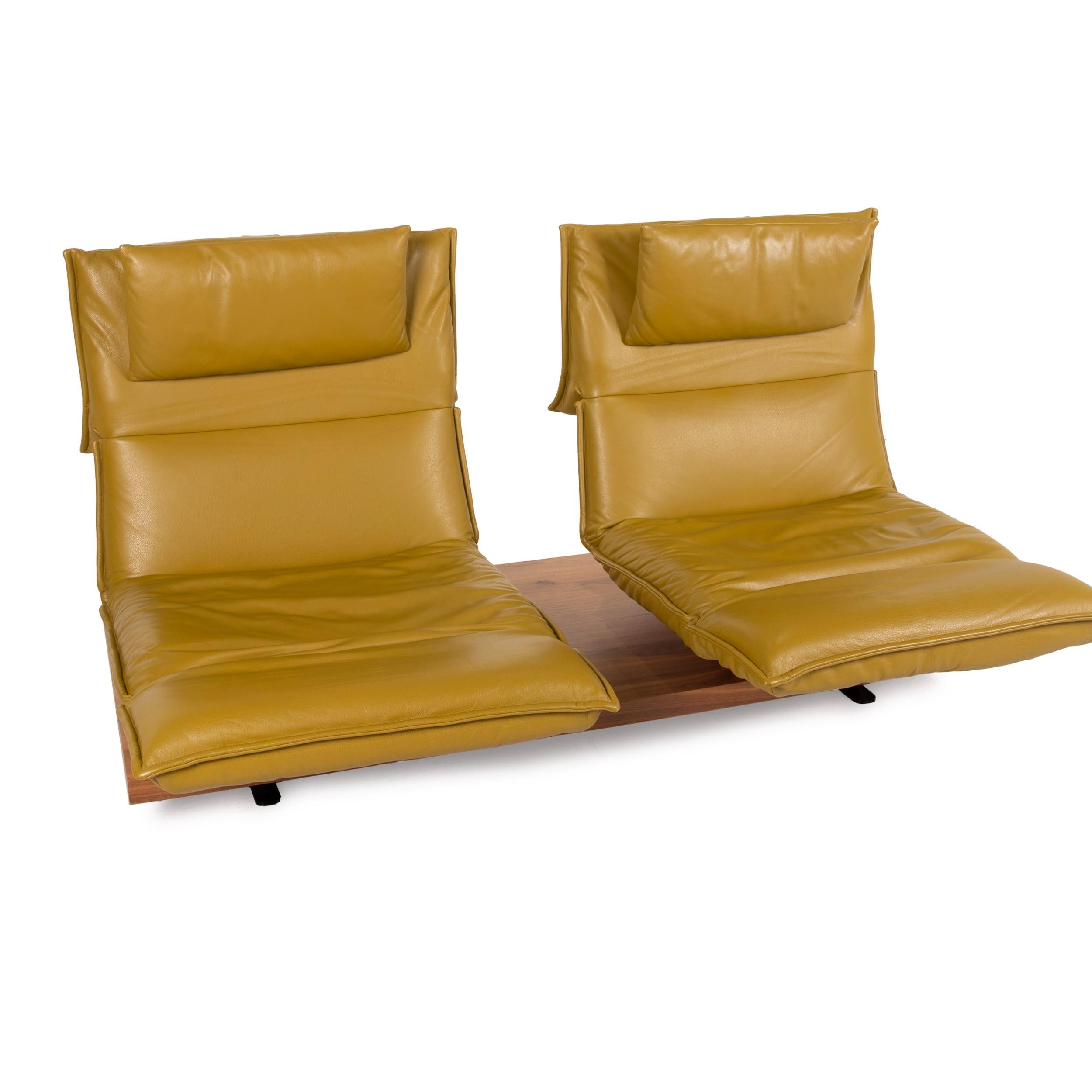 Modern Koinor Free Motion Edit Leather Sofa Green Two Seater Yellow Wood Couch with For Sale