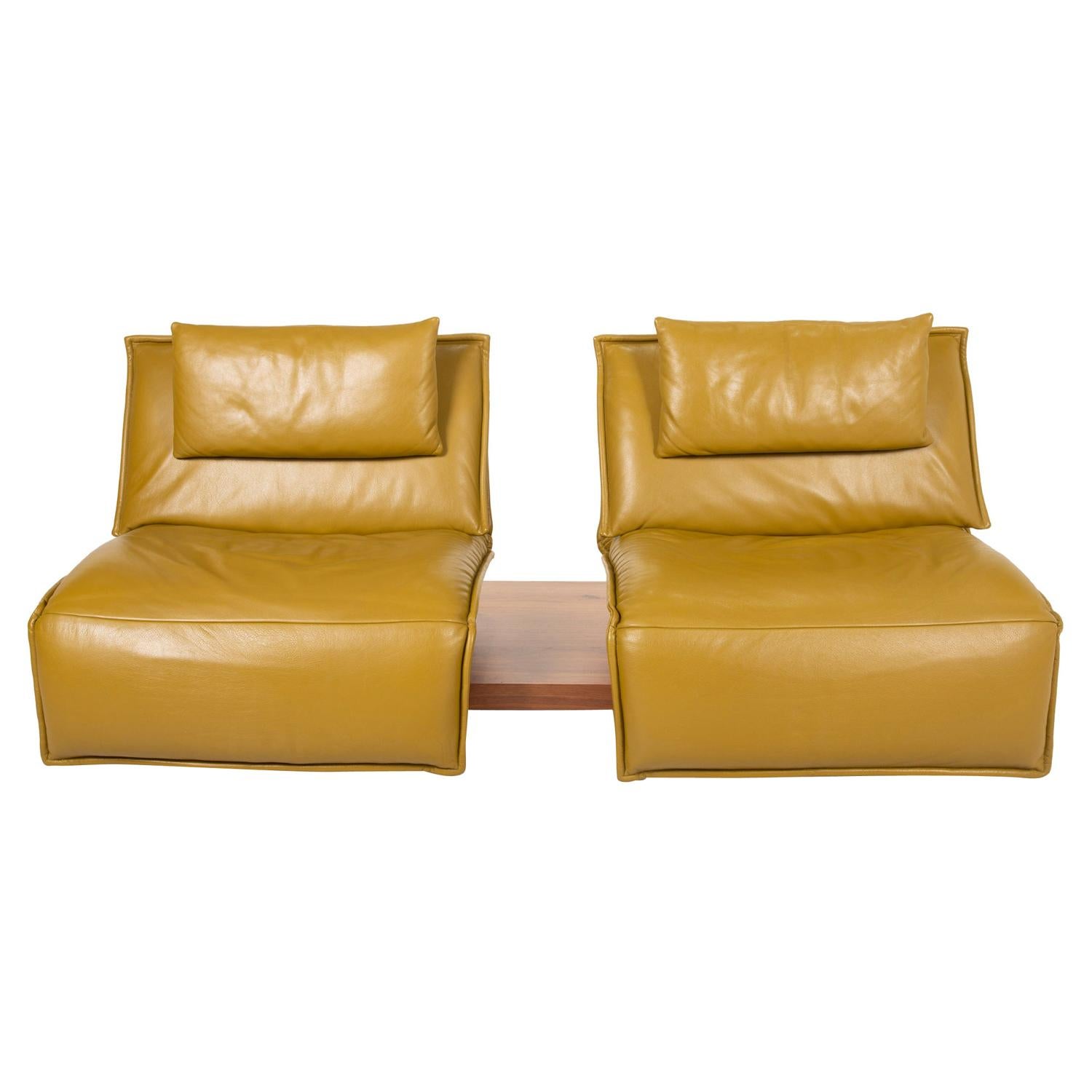 Koinor Free Motion Edit Leather Sofa Green Two Seater Yellow Wood Couch with For Sale