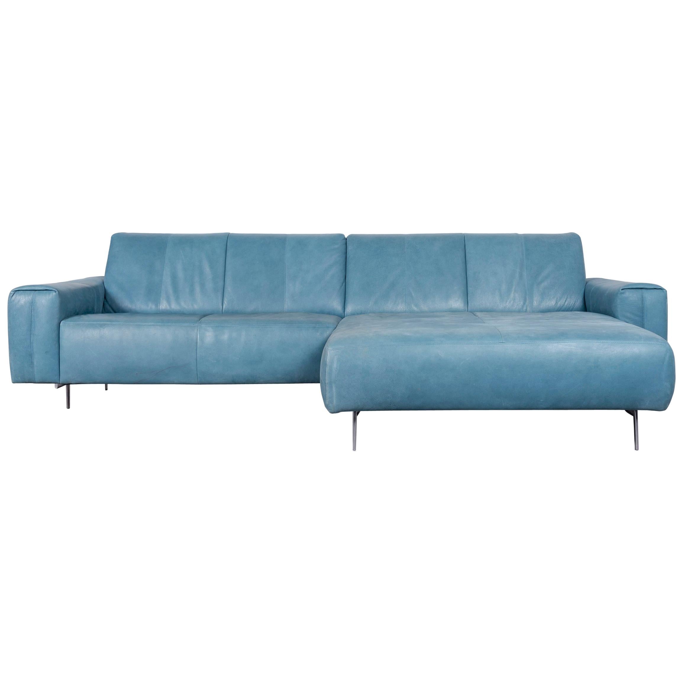 Koinor Garret Designer Leather Sofa in Bleu Corner, Sofa Couch For Sale