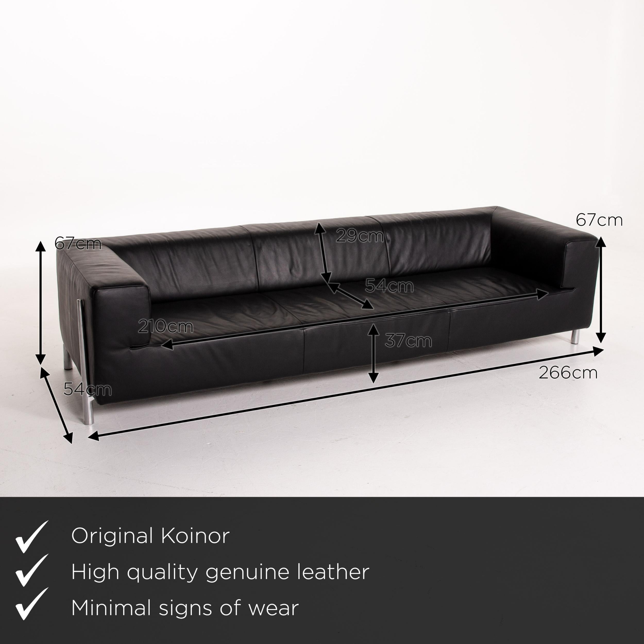 We present to you a Koinor Genesis leather sofa black four-seat couch.


 Product measurements in centimeters:
 

Depth 54
Width 266
Height 67
Seat height 37
Rest height 67
Seat depth 54
Seat width 37
Back height 29.
 