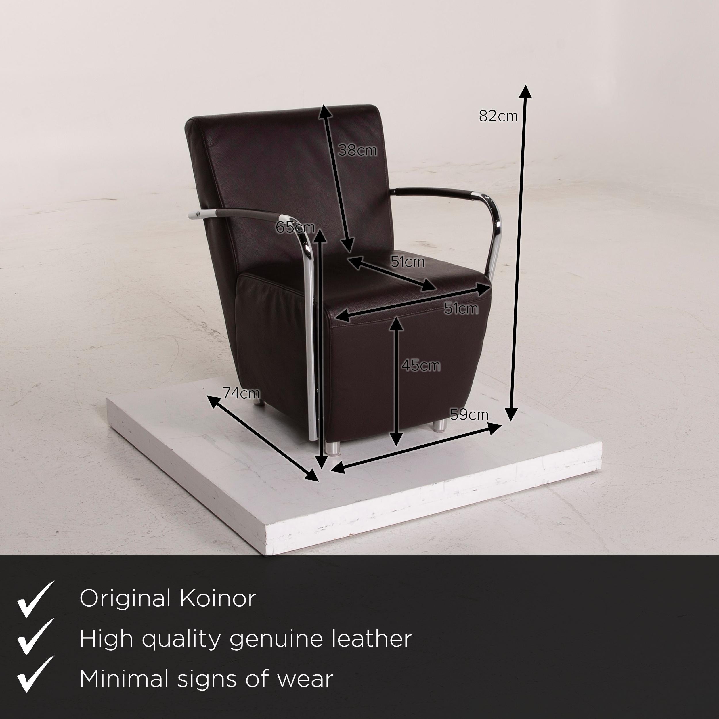 We present to you a Koinor Goya leather armchair dark brown metal.

 

 Product measurements in centimeters:
 

Depth 74
Width 59
Height 82
Seat height 45
Rest height 65
Seat depth 51
Seat width 51
Back height 37.
  