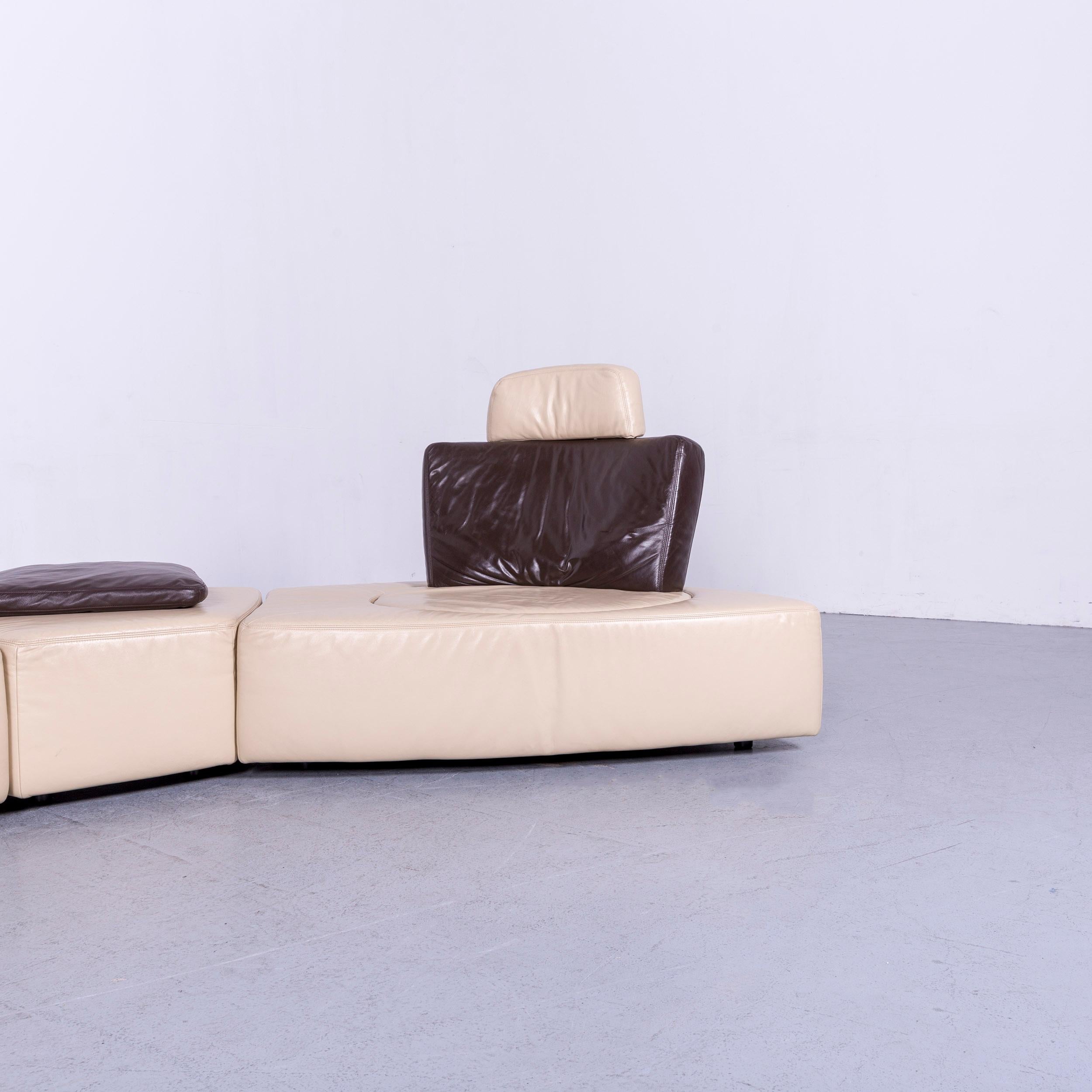 Koinor Leather Corner Sofa Off-White / Brown Four-Seat Function In Good Condition For Sale In Cologne, DE