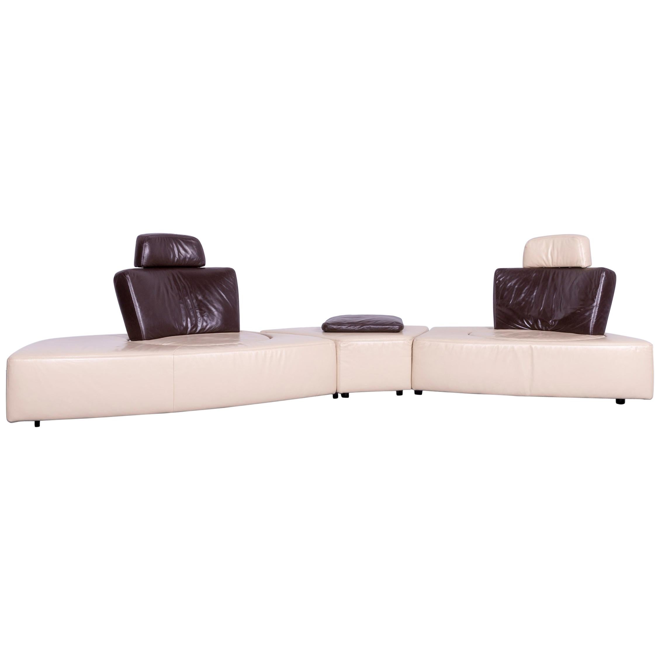 Koinor Leather Corner Sofa Off-White / Brown Four-Seat Function For Sale