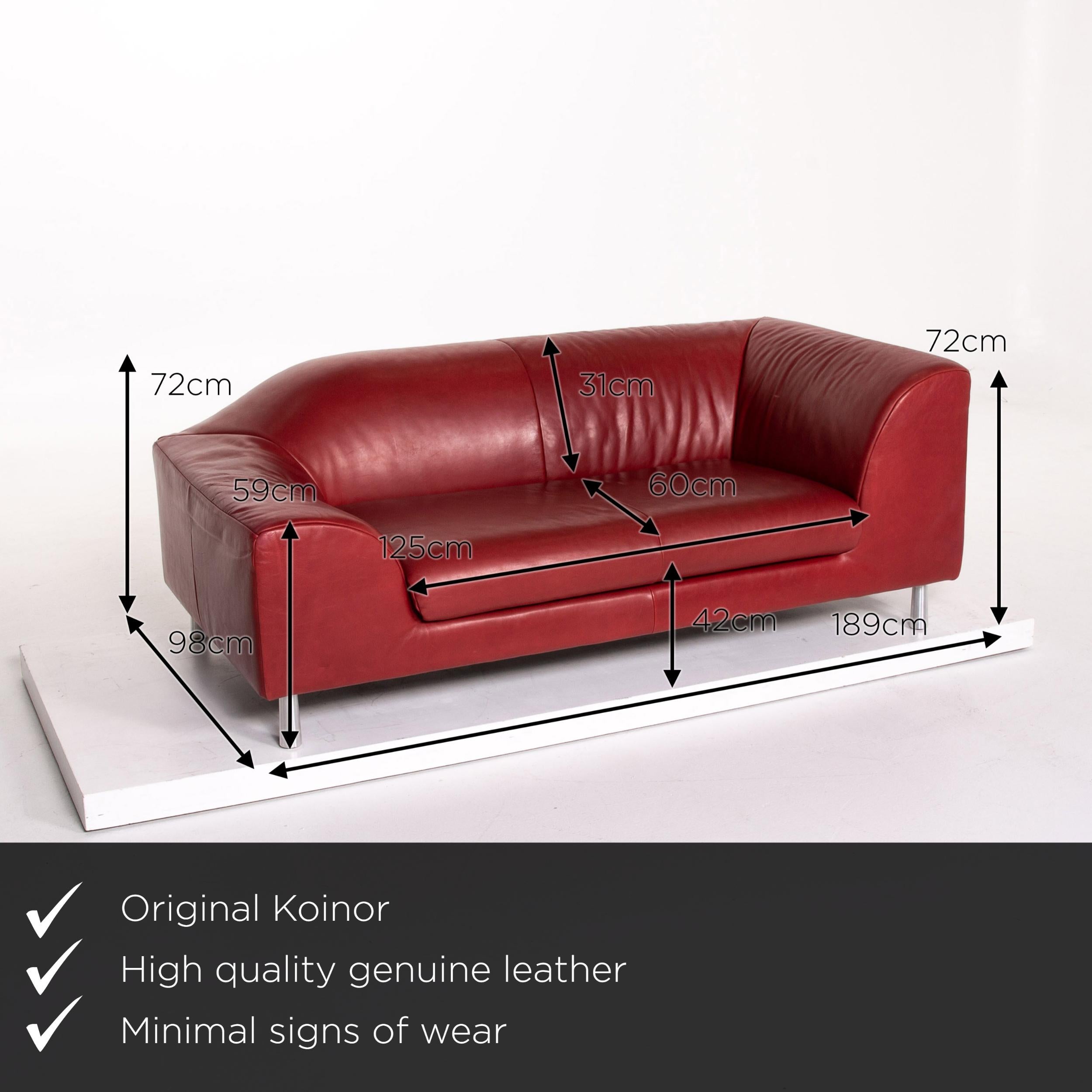 We present to you a Koinor leather sofa red two-seat couch.


 Product measurements in centimeters:
 

Depth 98
Width 189
Height 72
Seat height 42
Rest height 72
Seat depth 60
Seat width 125
Back height 31.

 