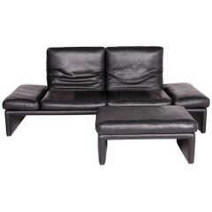 Koinor Raoul Designer Leather Sofa Stool Set Black Genuine Leather Three-Seat
