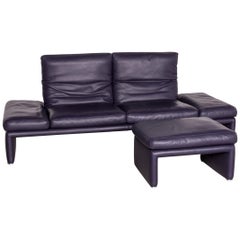Koinor Raoul Designer Sofa Footstool Set Purple Leather Three-Seat Couch