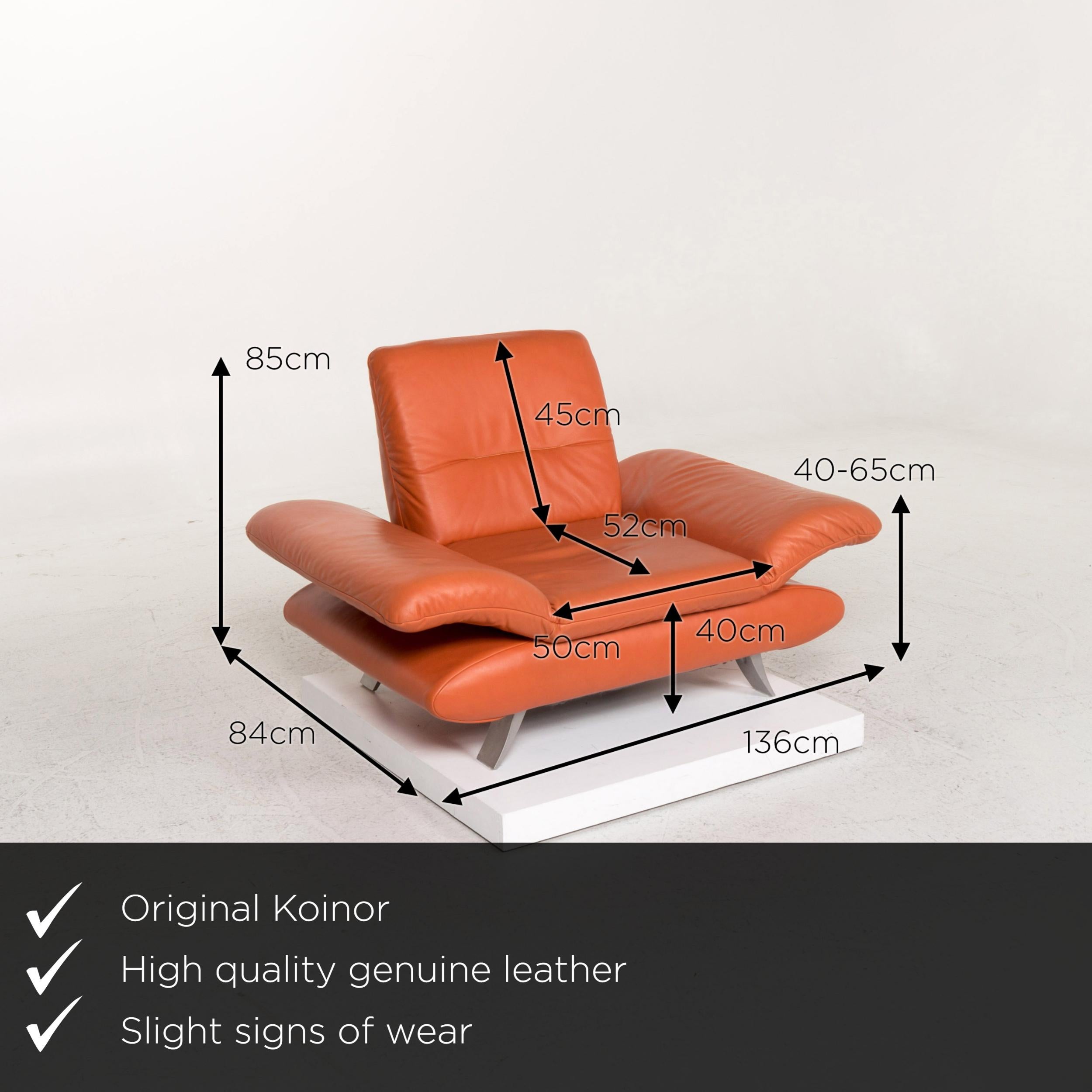 We present to you a Koinor Rossini leather armchair terracotta orange function.
    
 

 Product measurements in centimeters:
 

Depth 84
Width 136
Height 85
Seat height 40
Rest height 40
Seat depth 52
Seat width 50
Back height 45.
   