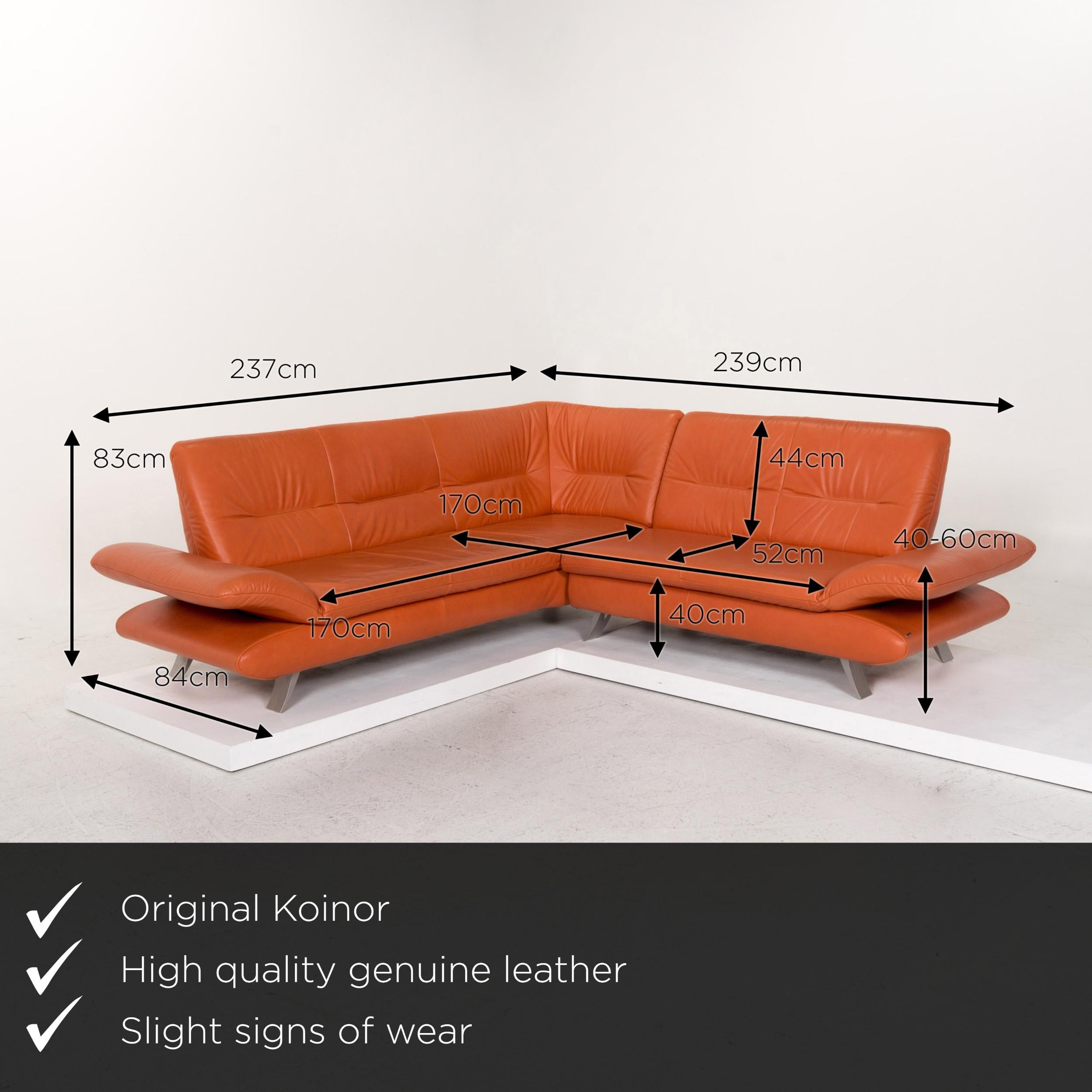 We present to you a Koinor Rossini leather corner sofa terracotta orange sofa function couch.
 

 Product measurements in centimeters:
 

Depth 84
Width 237
Height 83
Seat height 40
Rest height 40
Seat depth 52
Seat width 170
Back