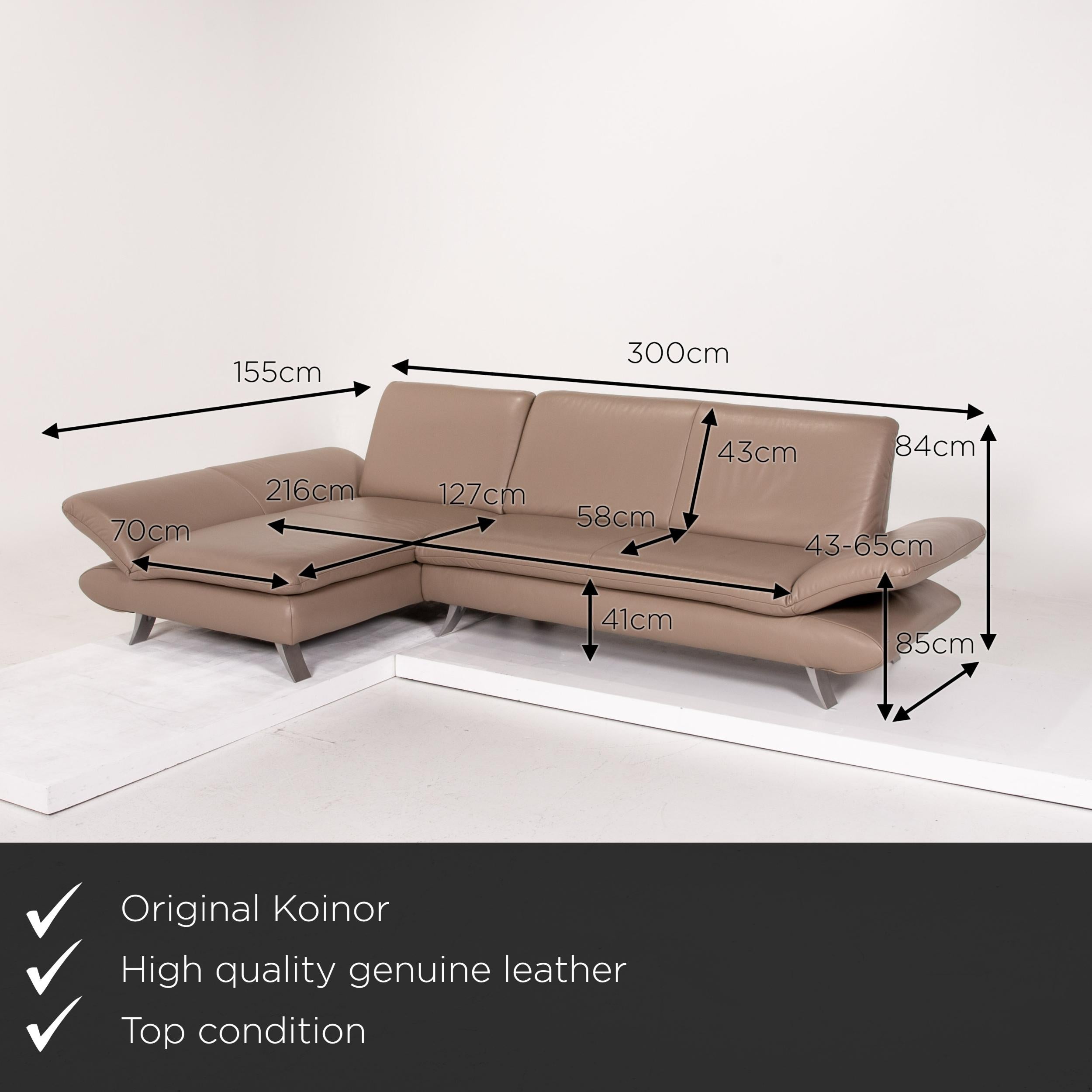 Wir präsentieren Ihnen ein Koinor Rossini Ledersofa beige grau beige greige Ecksofa Funktion Couch. 
   
 

 Produktabmessungen in Zentimetern: 
 

Tiefe 85
Breite 155
Höhe 84
Sitzhöhe 41
Lehnenhöhe 43
Sitztiefe 127
Sitzbreite 216
Rückenhöhe 43.