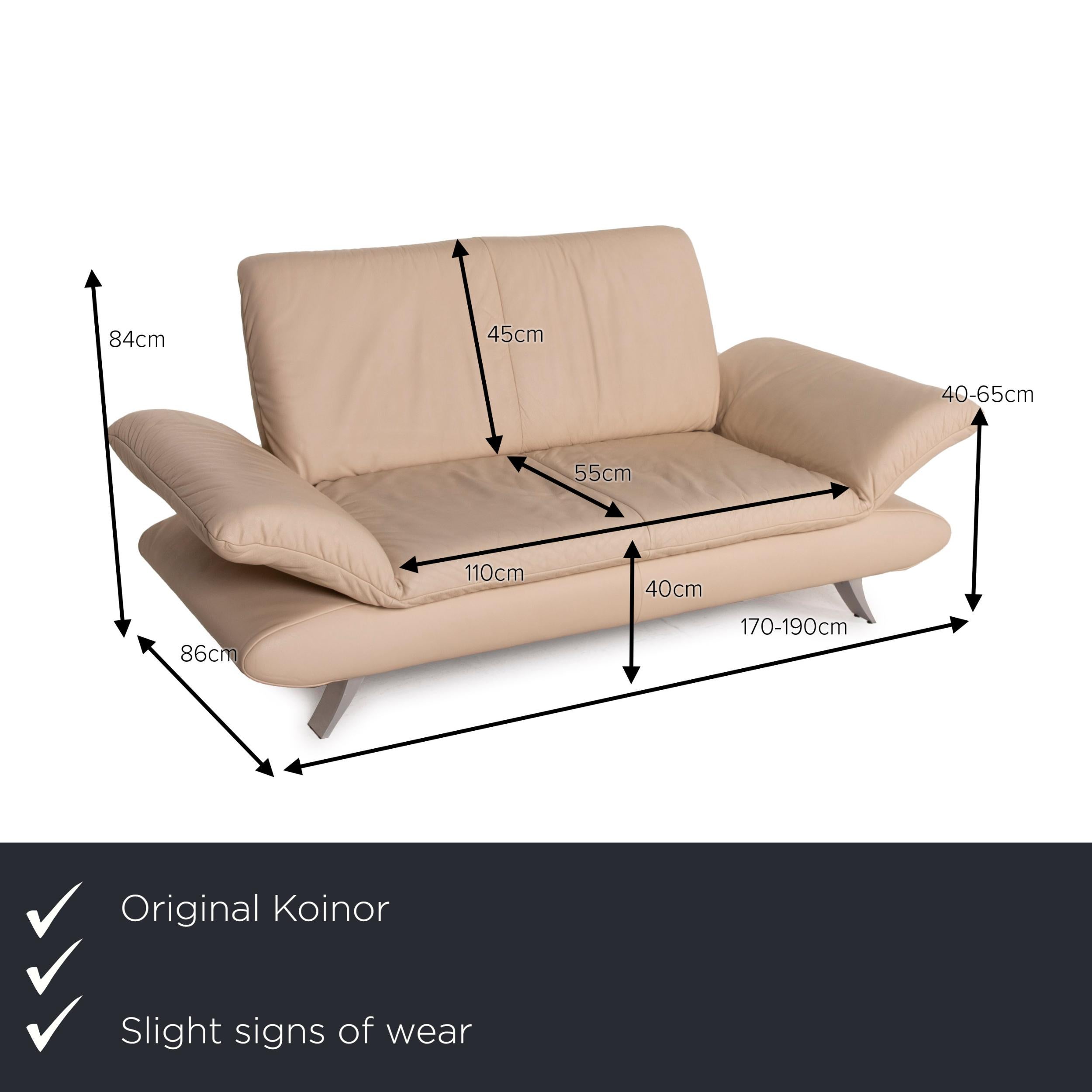 We present to you a Koinor Rossini leather sofa cream two-seater.

Product measurements in centimeters:

Depth 86
Width 190
Height 84
Seat height 40
Rest height 40
Seat depth 55
Seat width 110
Back height 45. 
 
 
  
