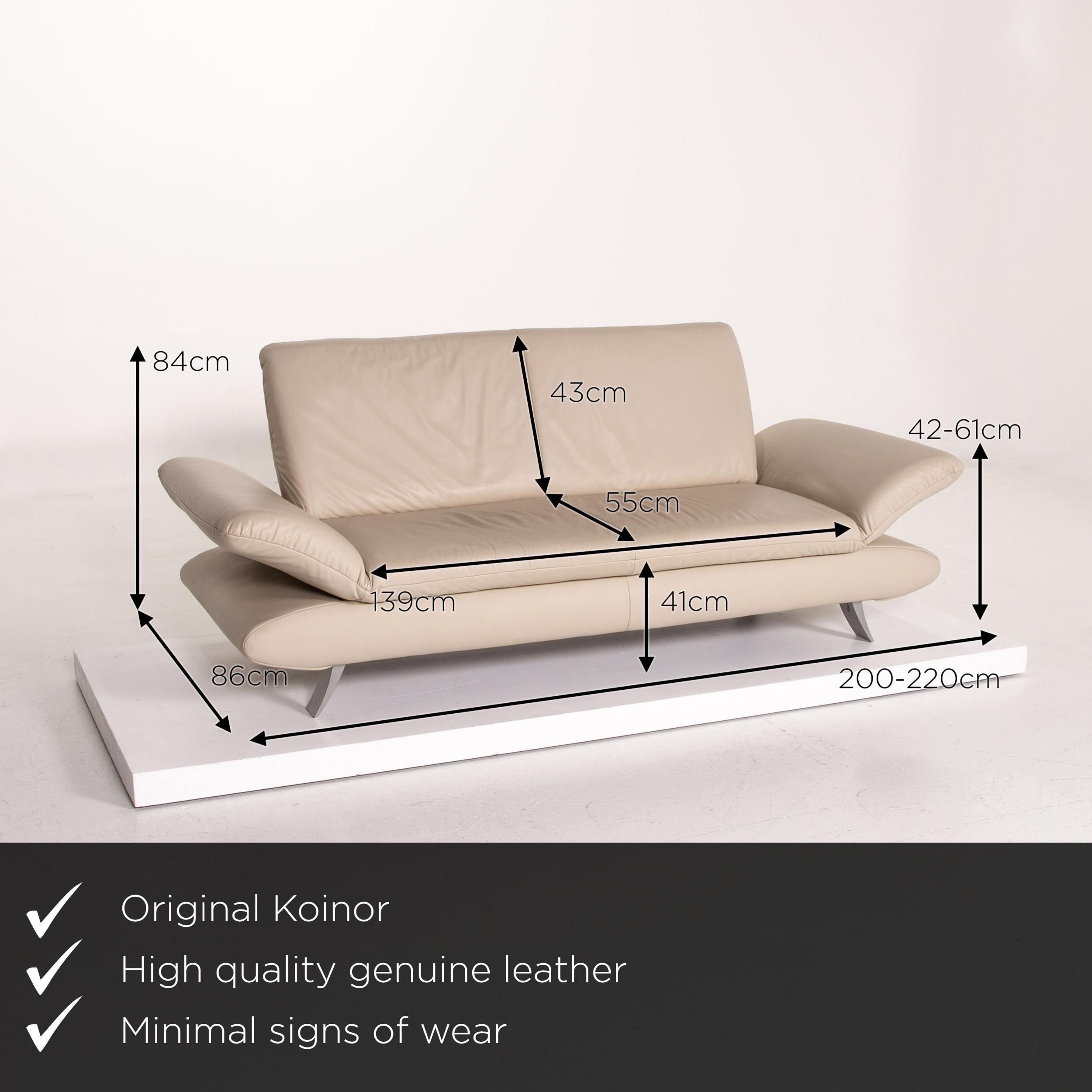 We present to you a Koinor Rossini leather sofa set beige taupe 1x three-seat 1x two-seat.

Product measurements in centimeters:

Depth 86
Width 220
Height 84
Seat height 41
Rest height 42
Seat depth 55
Seat width 139
Back height 43.
 