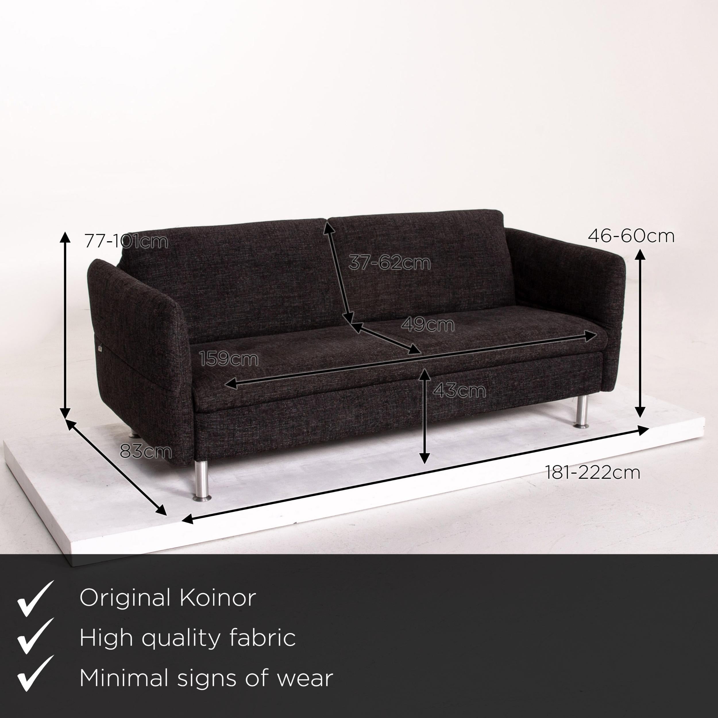 We present to you a Koinor Vittoria fabric sofa anthracite gray three-seat function couch.

Product Measurements in centimeters:

Depth 83
Width 181
Height 77
Seat height 43
Rest height 46
Seat depth 49
Seat width 159
Back height
