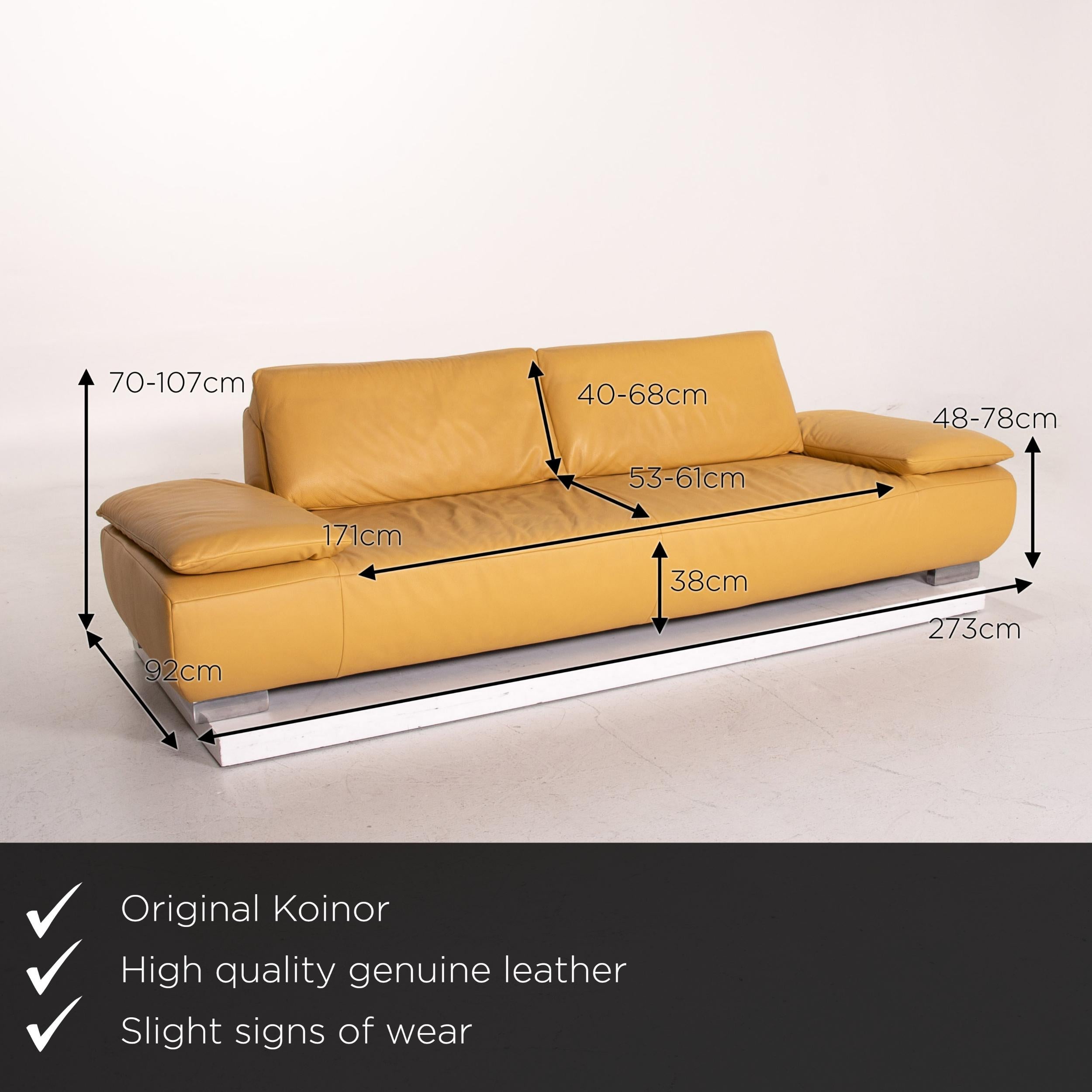 We present to you a Koinor Volare leather sofa yellow three-seat function couch.
  
 

 Product measurements in centimeters:
 

Depth 92
Width 273
Height 70
Seat height 38
Rest height 48
Seat depth 53
Seat width 171
Back height 40.