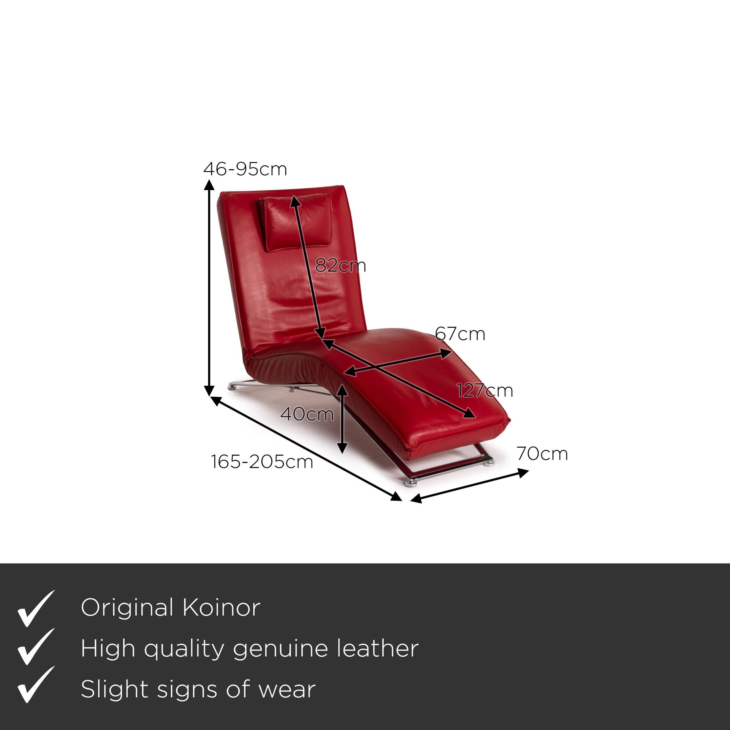 We present to you a KoinorJeremiah leather lounger red relaxation function relaxation lounger.


 Product measurements in centimeters:
 

Depth: 205
Width: 70
Height: 46
Seat height: 40
Rest height:
Seat depth: 127
Seat width: 67
Back