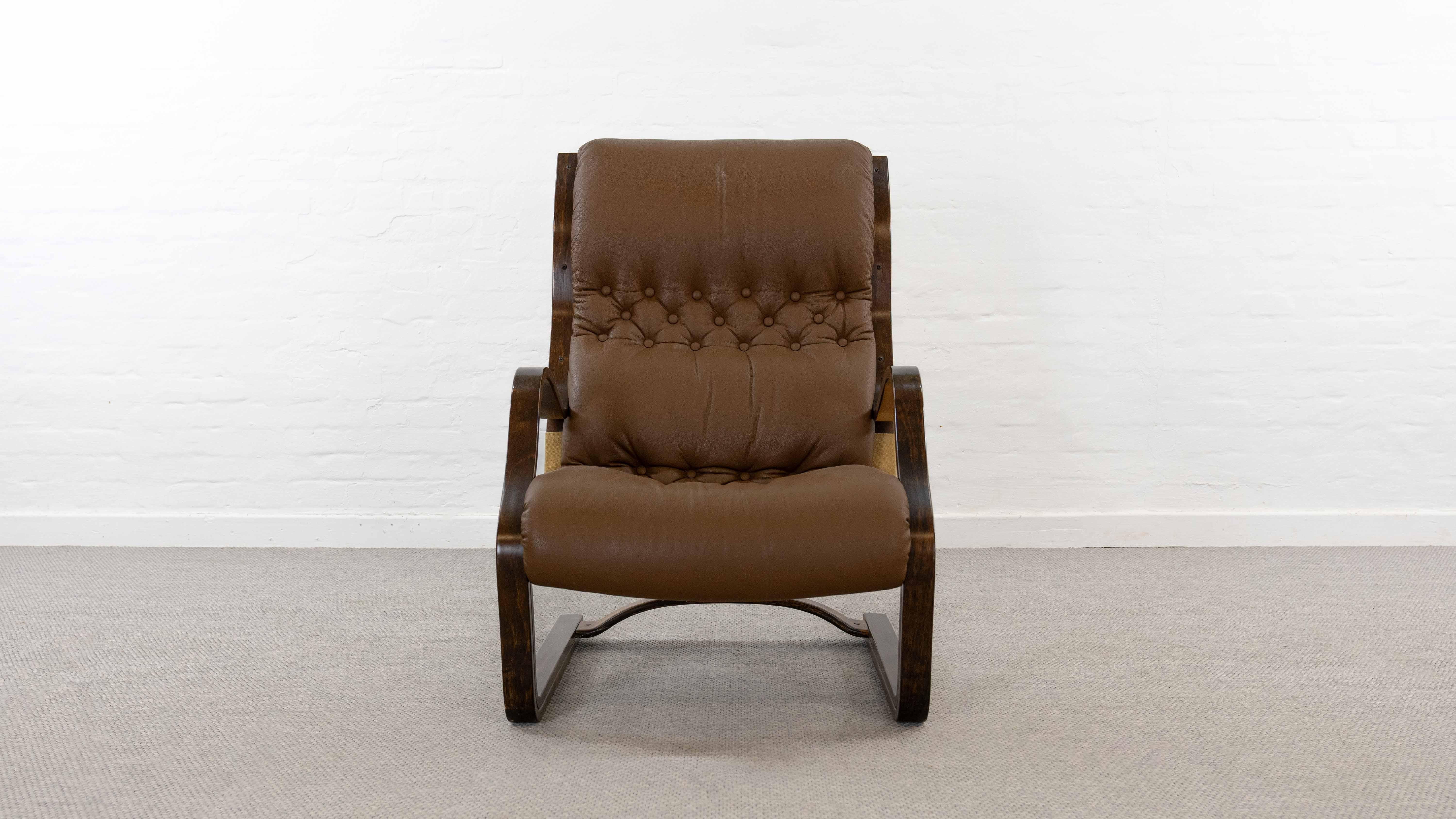 Scandinavian Modern Koivutaru Easy Chair By Esko Pajamies For Asko, Finland In Brown Leather For Sale