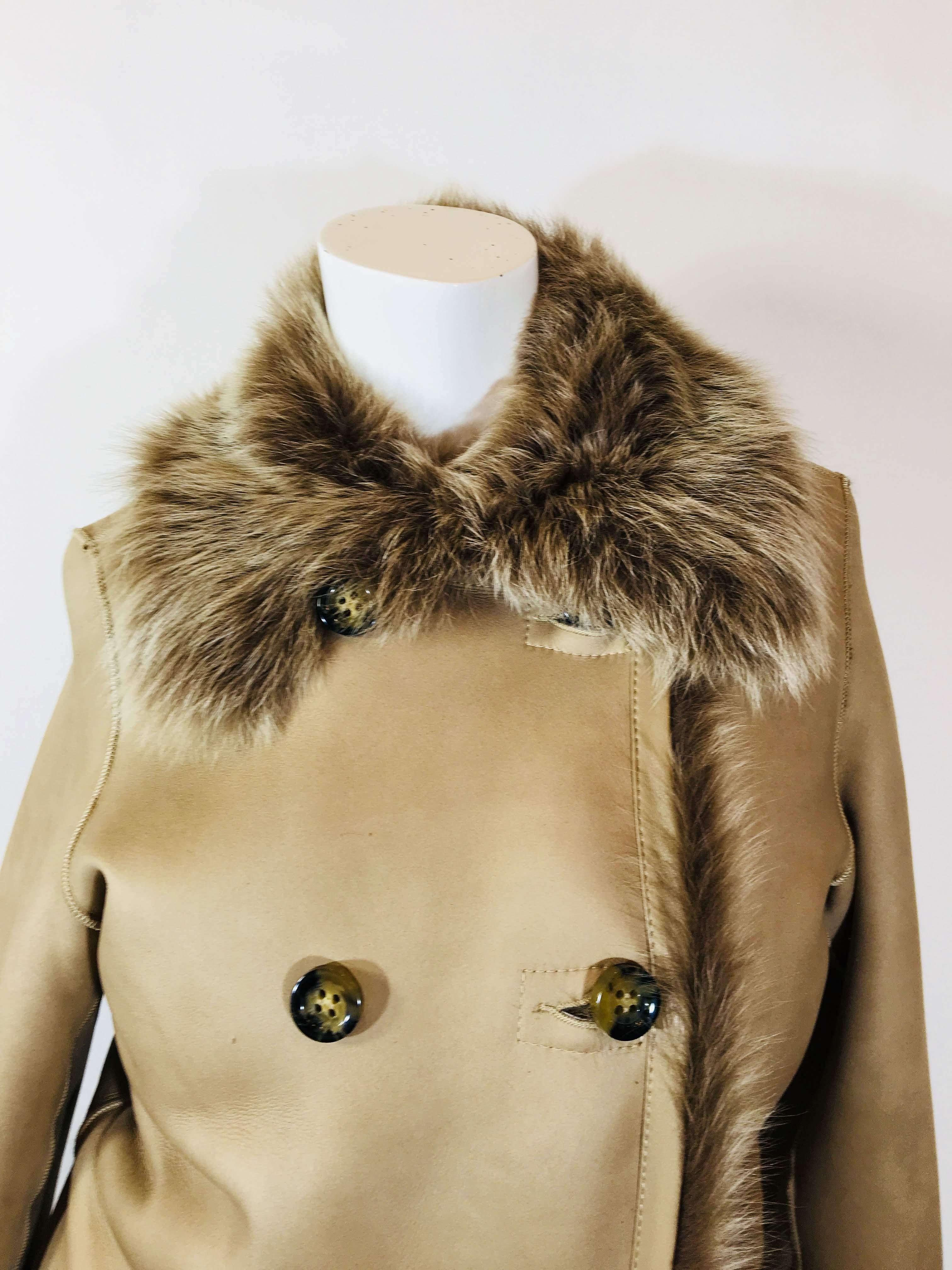 Koja Double Breasted Leather Coat with Fur Lining & Trim.