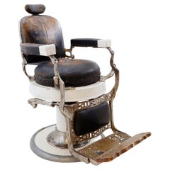 Koken original Brown Leather & White Enameled Cast Iron Barber Chair, Circa 1918