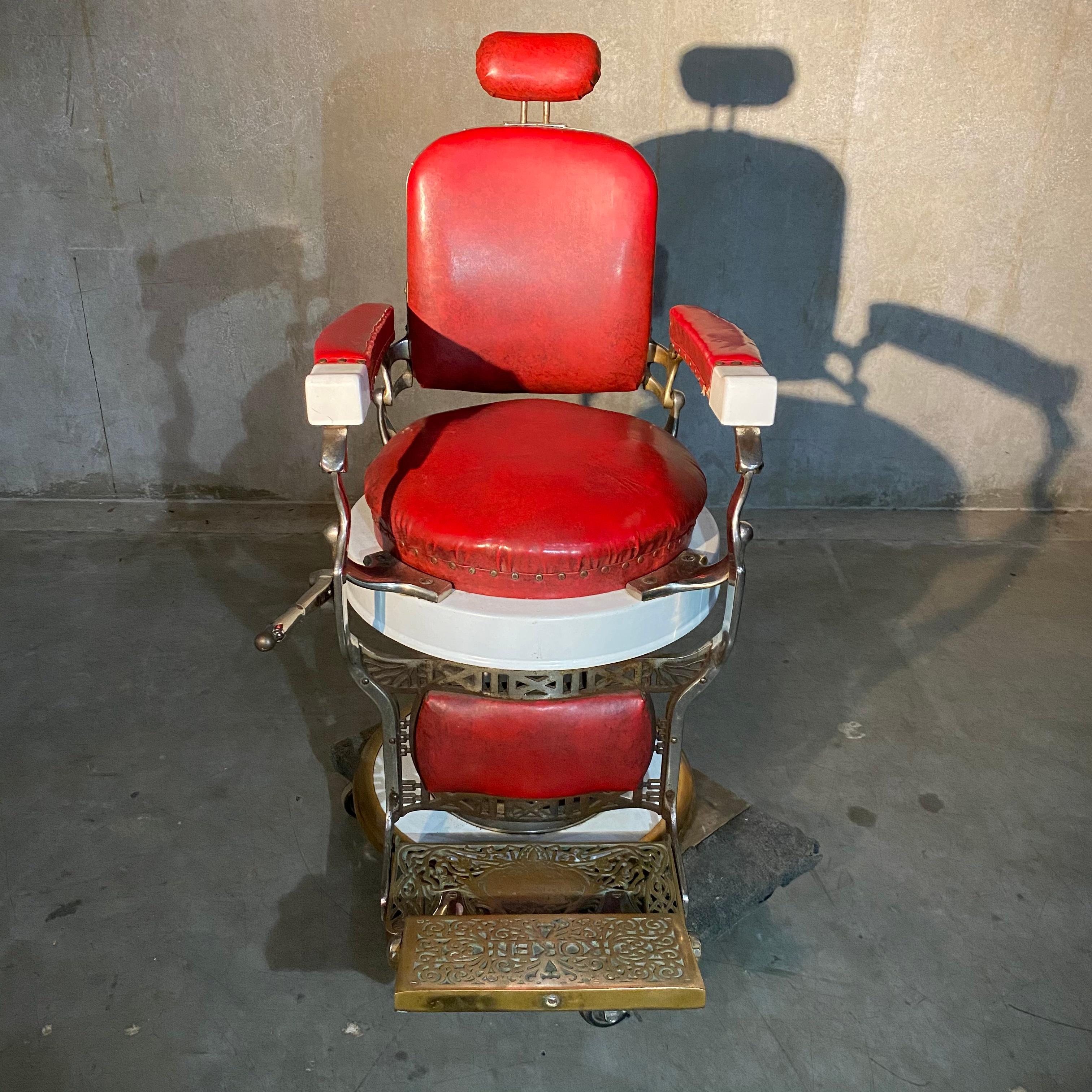 Machine Age Koken original Red Vinyl & White Enameled Cast Iron Barber Chair