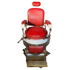 Koken original Red Vinyl & White Enameled Cast Iron Barber Chair