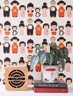 Kokeshi Designer Wallpaper in Hummingbird 'Orange, Pink and Dark Brown on White'