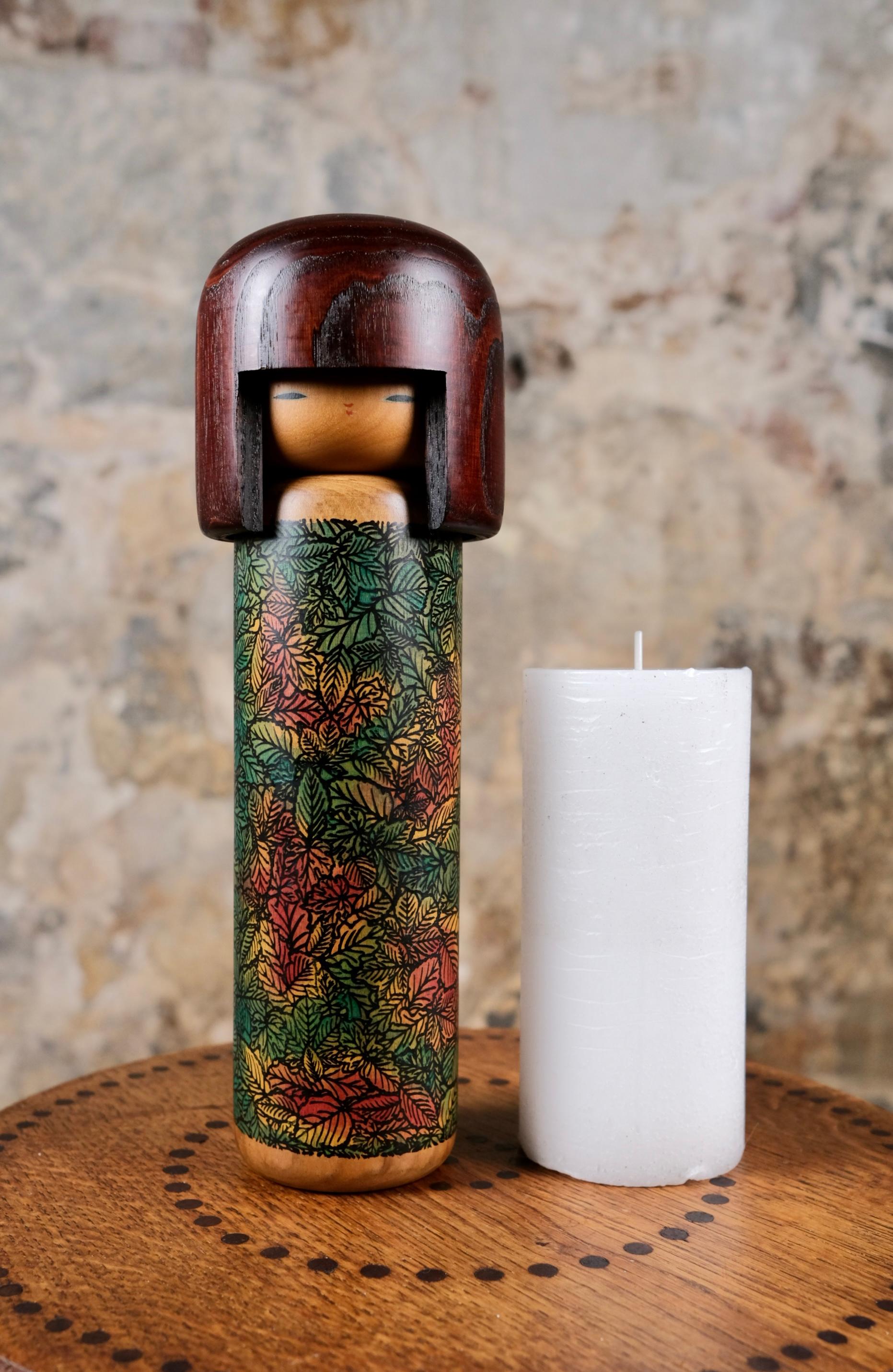Kokeshi with leaves by Usaburo, Japan, 1990s For Sale 6
