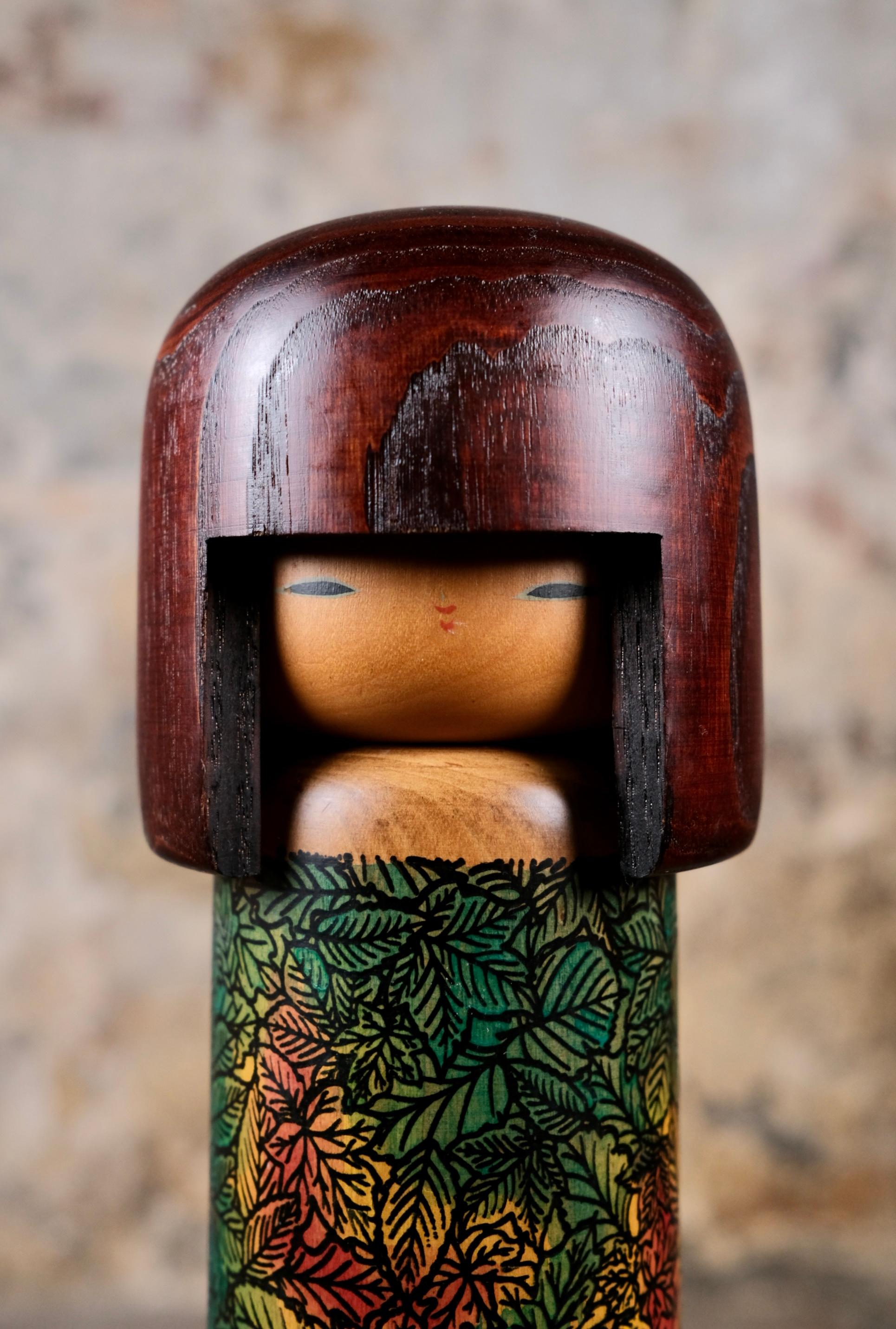 Japonisme Kokeshi with leaves by Usaburo, Japan, 1990s For Sale