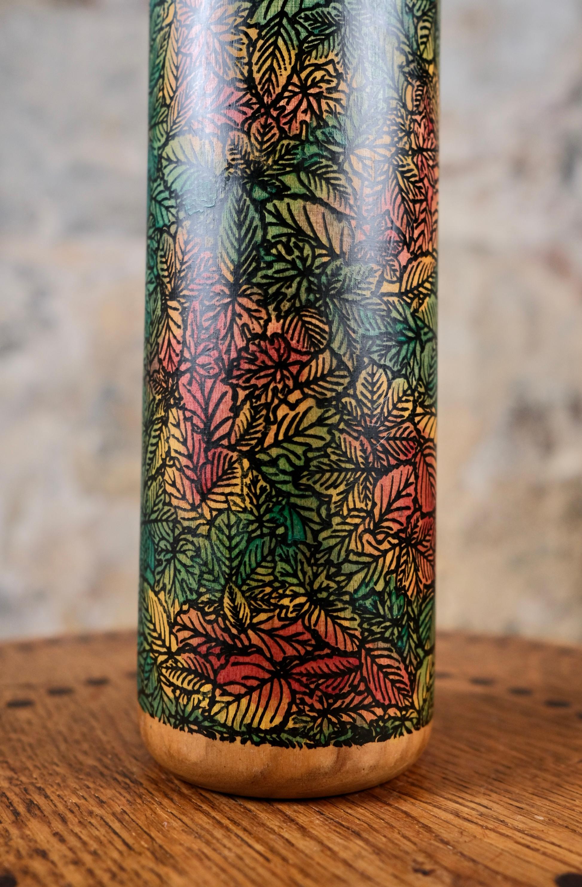 Hand-Carved Kokeshi with leaves by Usaburo, Japan, 1990s For Sale