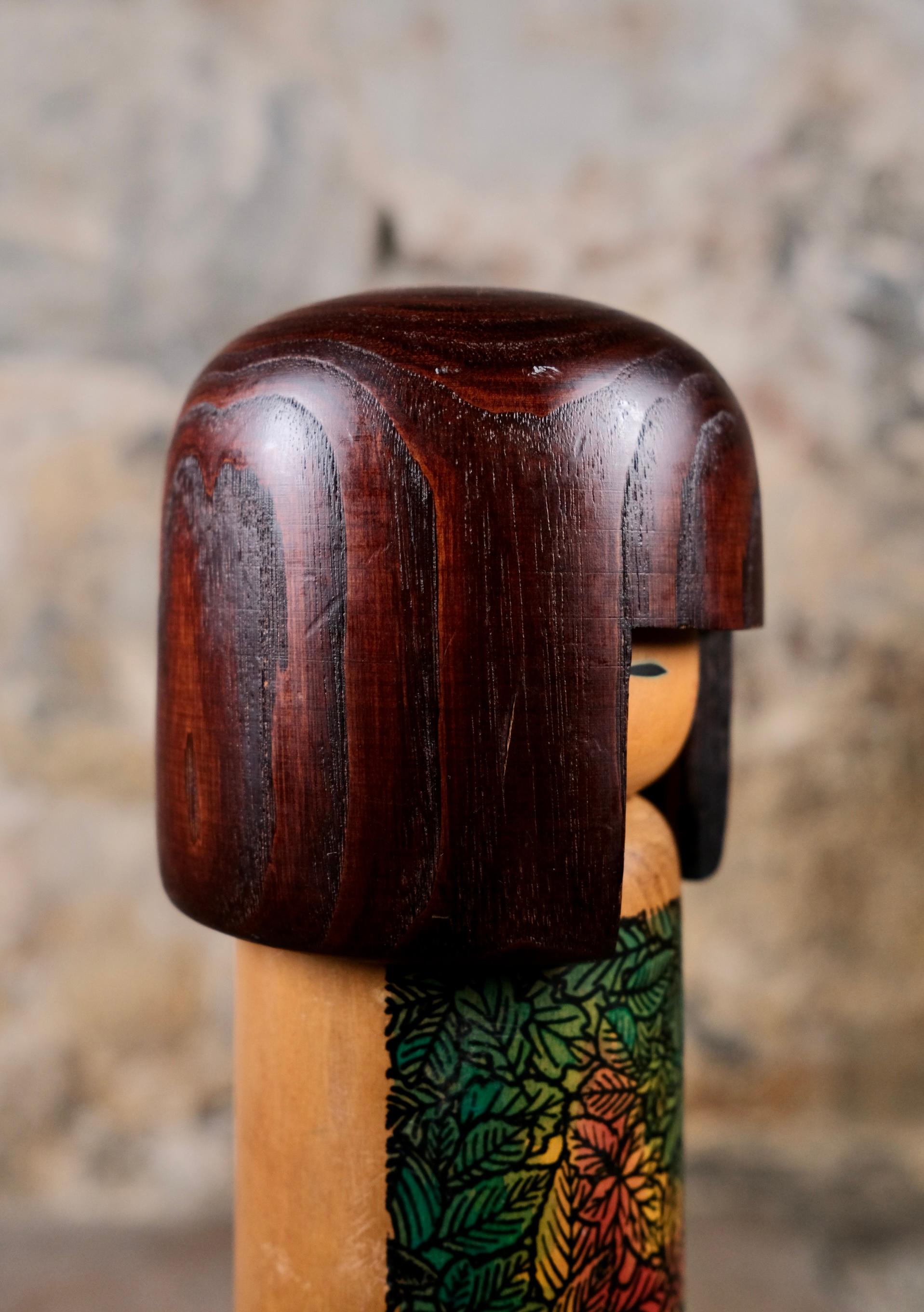 Wood Kokeshi with leaves by Usaburo, Japan, 1990s For Sale
