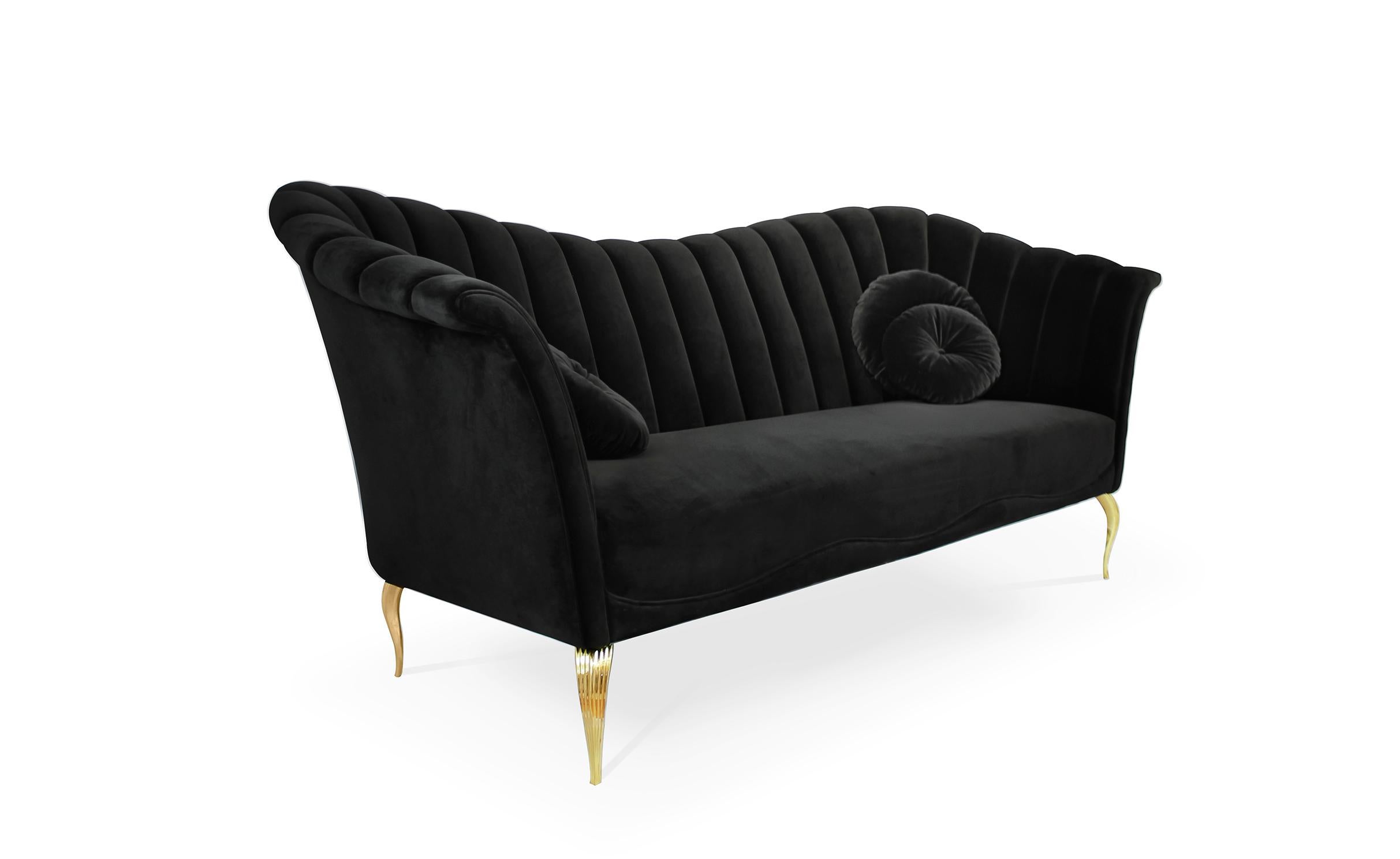 Flirty and unpredictable like a modern woman, the Caprichosa’s voluptuous sofa design mimics a woman’s most desirable curves. Fitted like a little black dress in delicious upholstery fabric and resting on dainty brass feet.

Options
Upholstery:
