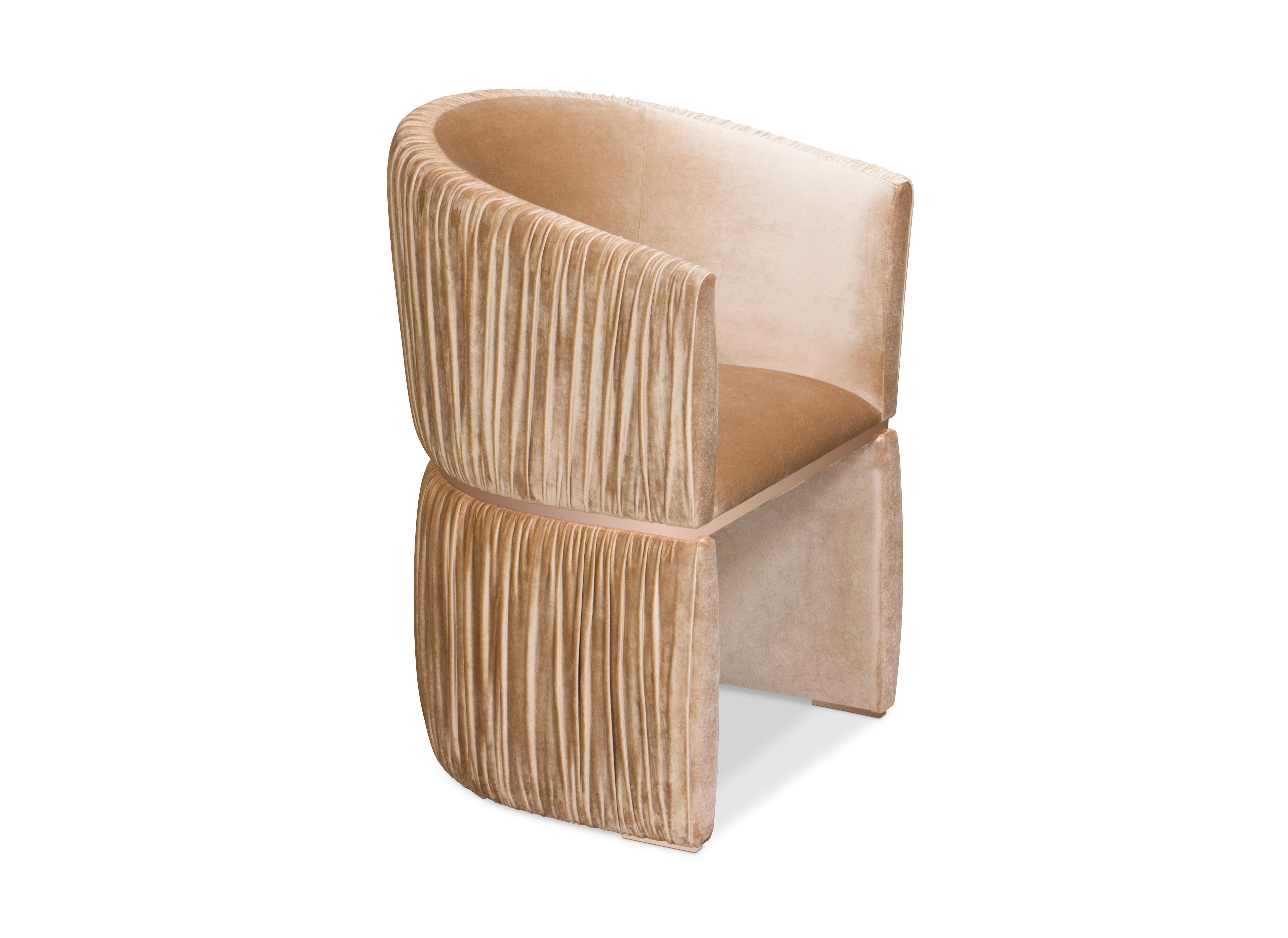 Inspired by the Classic cuff bracelet style, the Cuff chair’s elegant curved shape comfortably embraces its guests. Gorgeous folds of ruched fabric wrap the chair’s exterior and a stylish polished brass band cinches its waist.

Options
Upholstery: