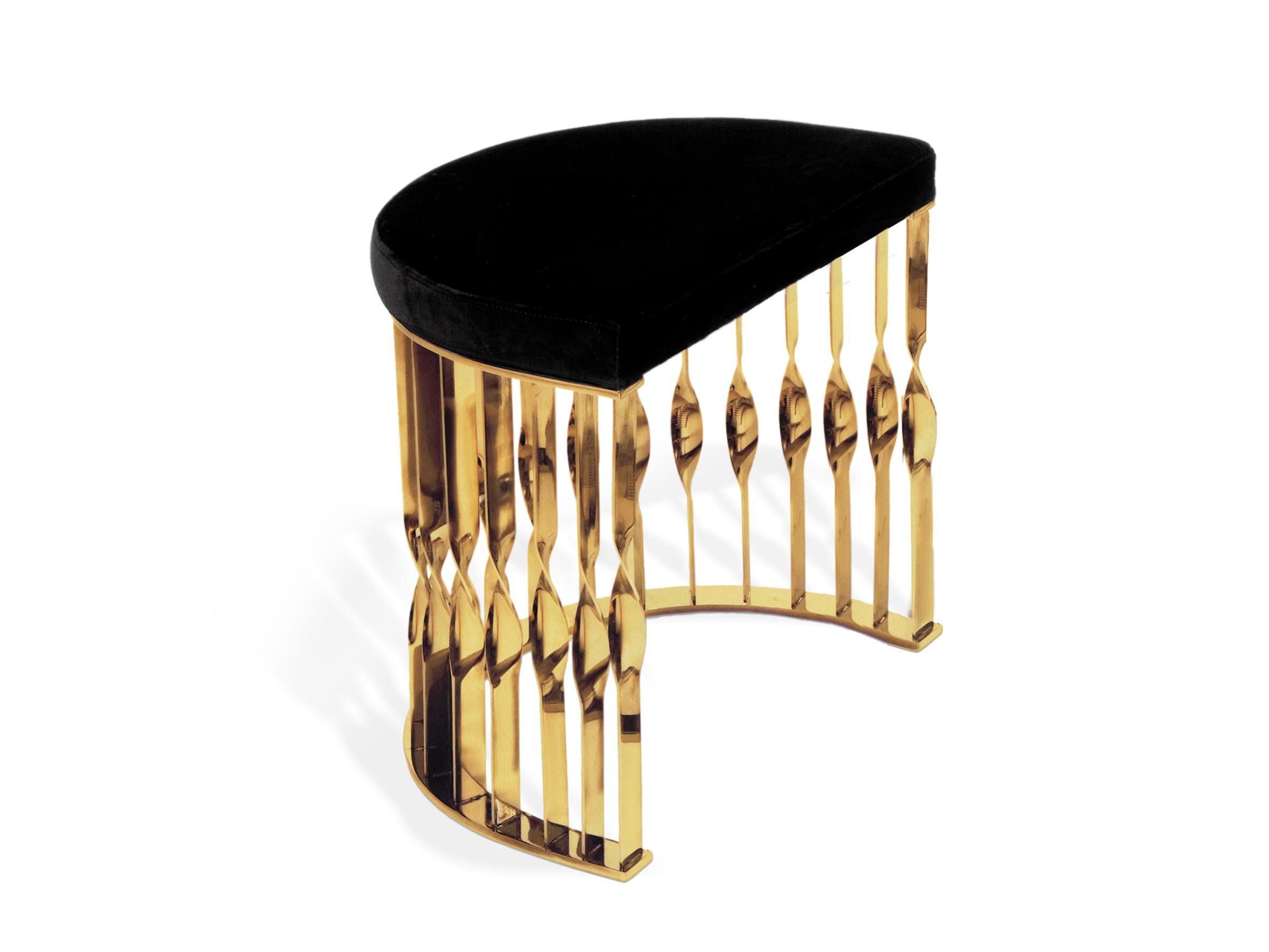 This fluid and unusual sofa transcends design and jewelry. Conceived from a cuff bracelet, the Mandy stool will embellish any setting with its soft black velvet upholstery and a base in twisted high-gloss polished brass.

Options:
Upholstery: