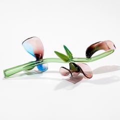 Kokia, Green, Pink & Blue Sculpted Glass Stem with Flowers by Michèle Oberdieck
