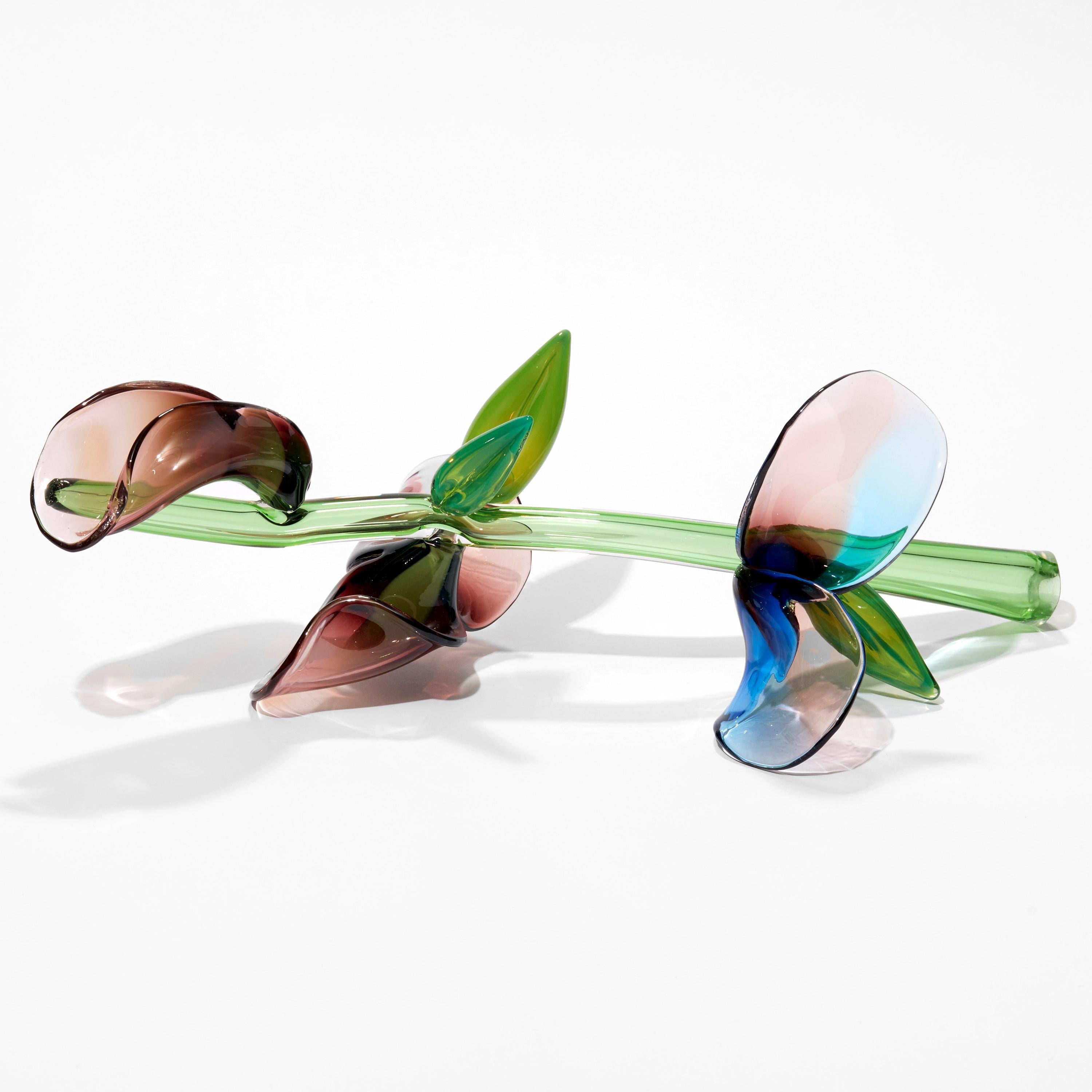 Organic Modern Kokia, Green, Pink & Blue Sculpted Glass Stem with Flowers by Michèle Oberdieck