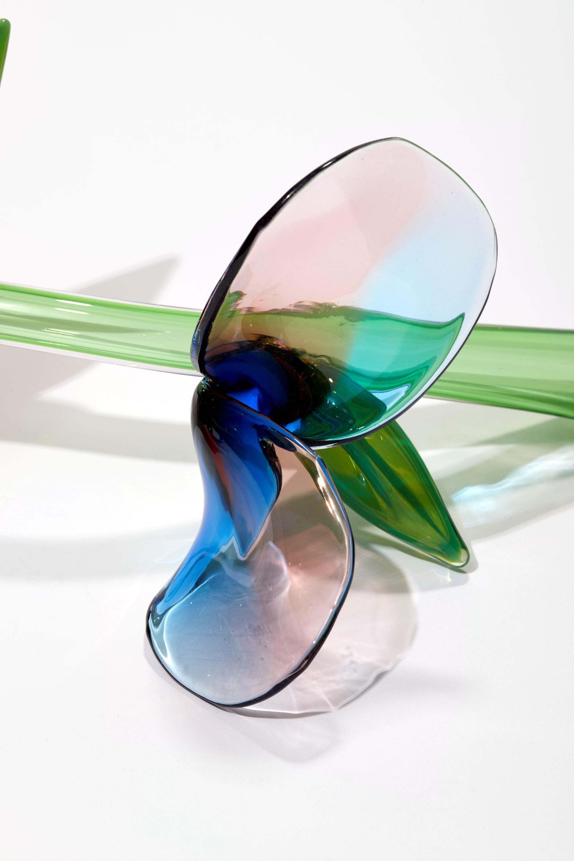 British Kokia, Green, Pink & Blue Sculpted Glass Stem with Flowers by Michèle Oberdieck