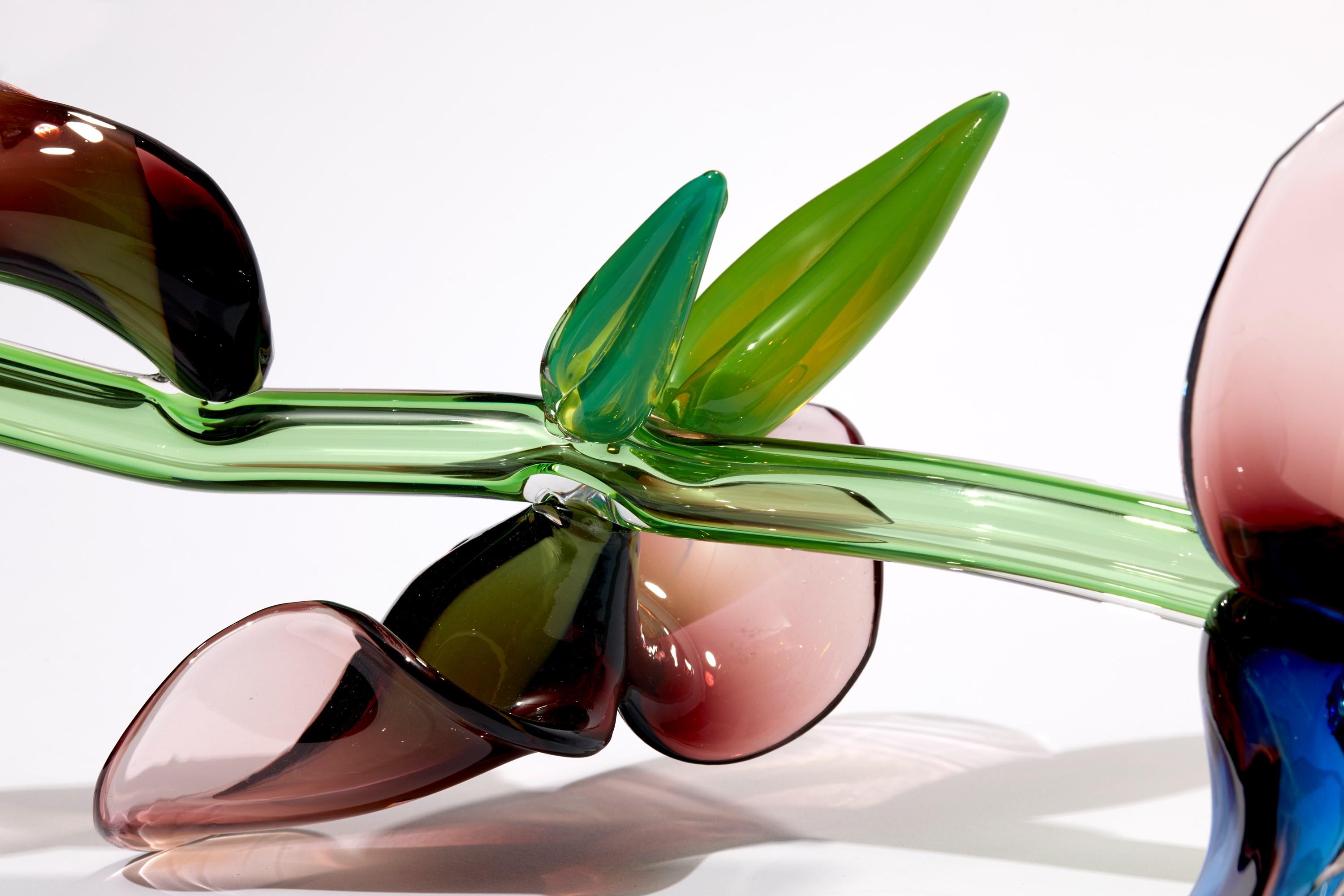 Hand-Crafted Kokia, Green, Pink & Blue Sculpted Glass Stem with Flowers by Michèle Oberdieck