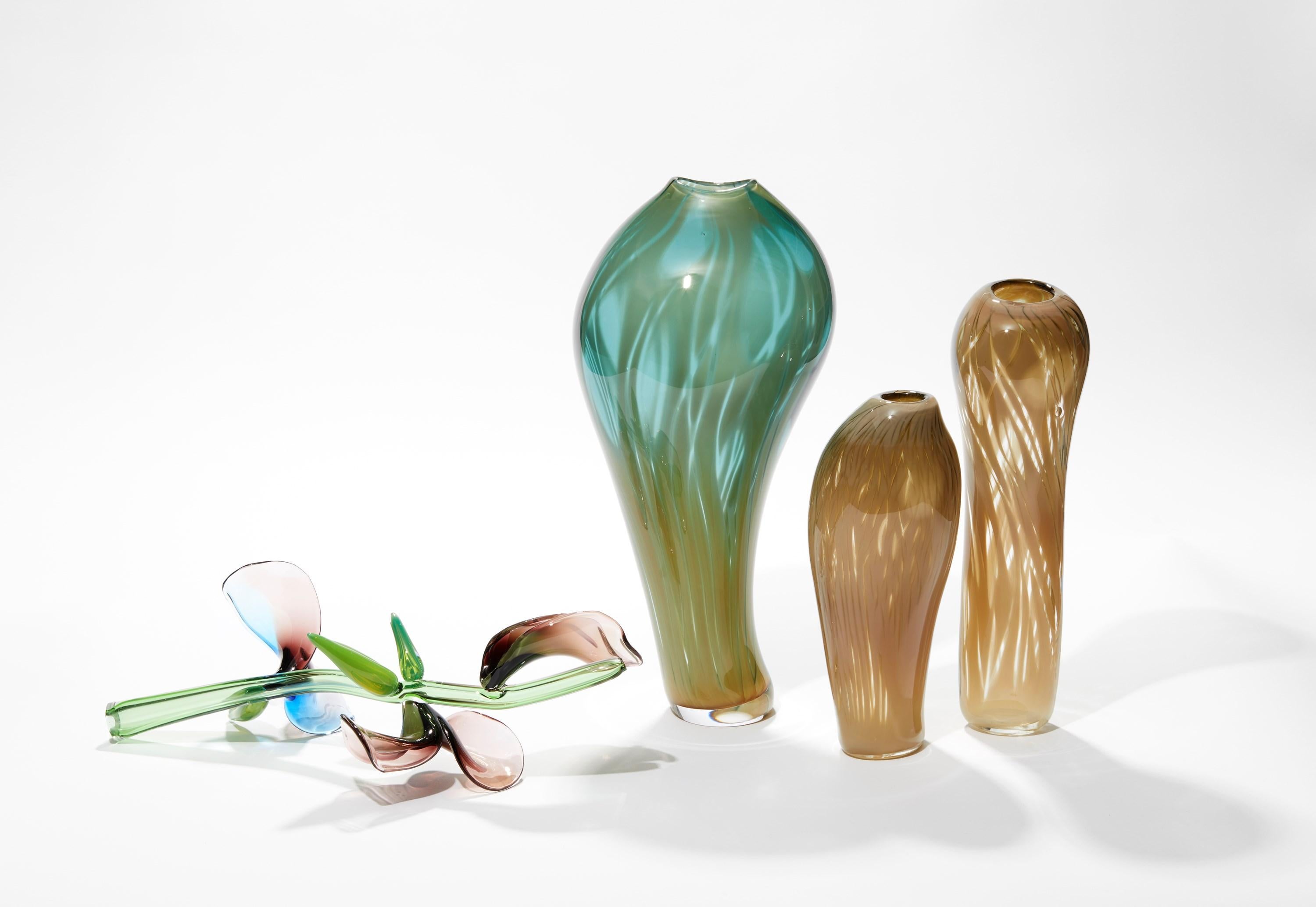 Contemporary Kokia, Green, Pink & Blue Sculpted Glass Stem with Flowers by Michèle Oberdieck