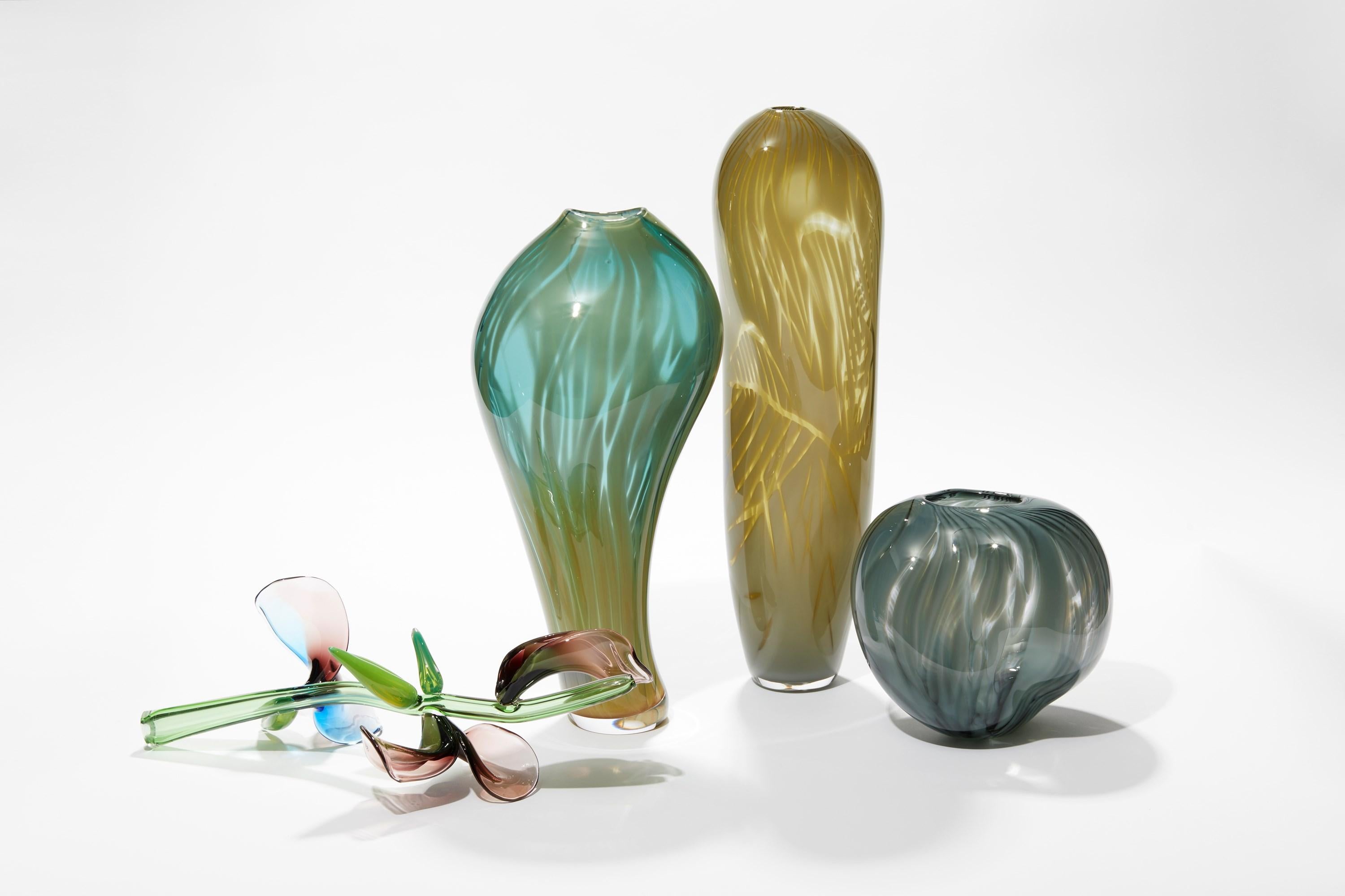 Cut Glass Kokia, Green, Pink & Blue Sculpted Glass Stem with Flowers by Michèle Oberdieck