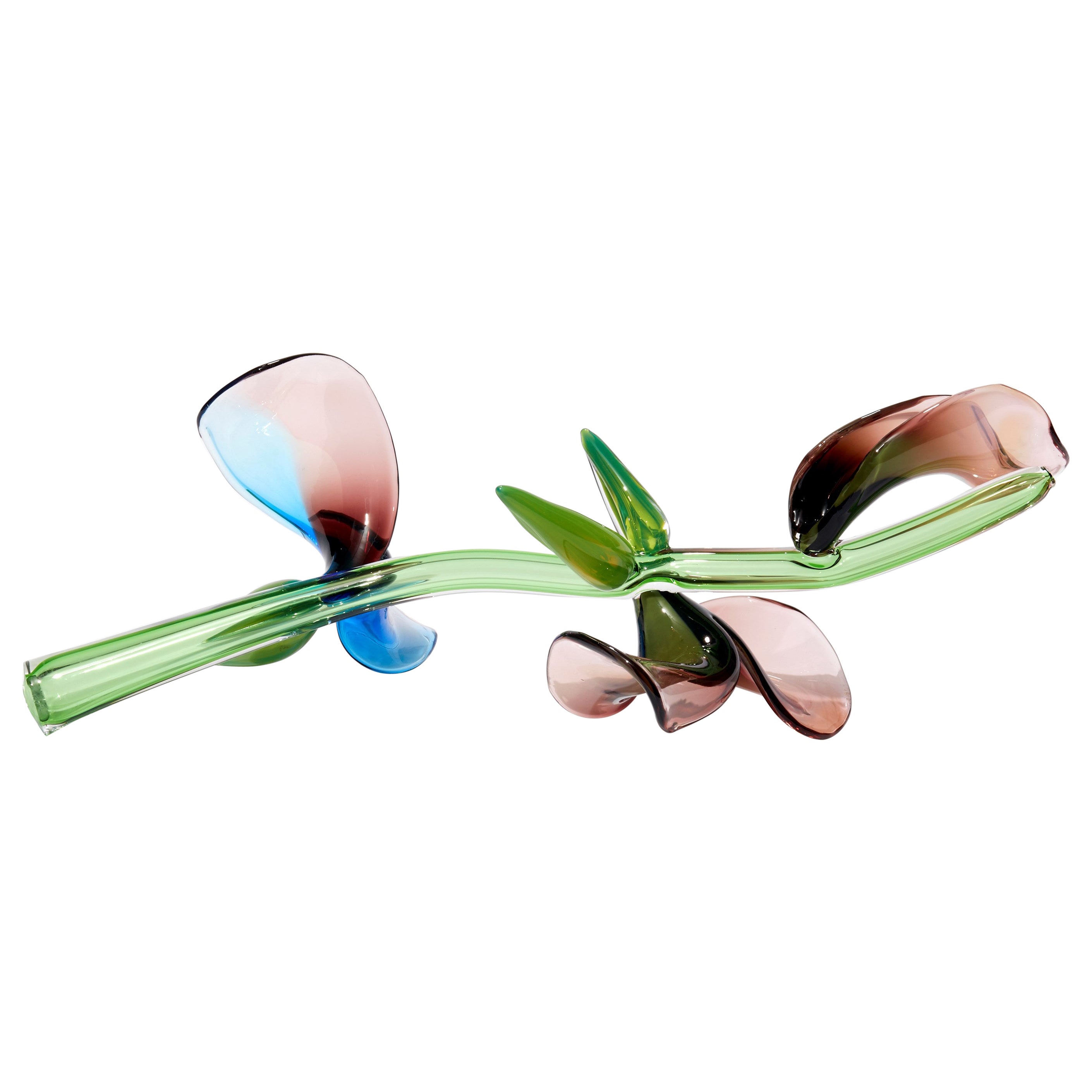 Kokia, Green, Pink 
Blue Sculpted Glass Stem with Flowers by Michèle Oberdieck