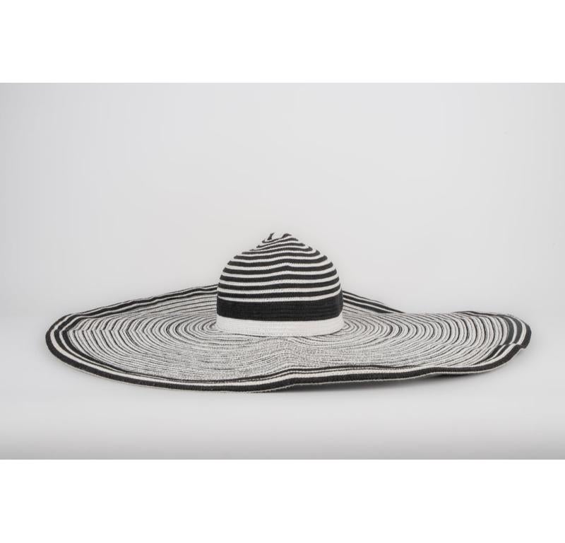 Gray Kokin Large Striped Black and White Wide-Brimmed Hat For Sale
