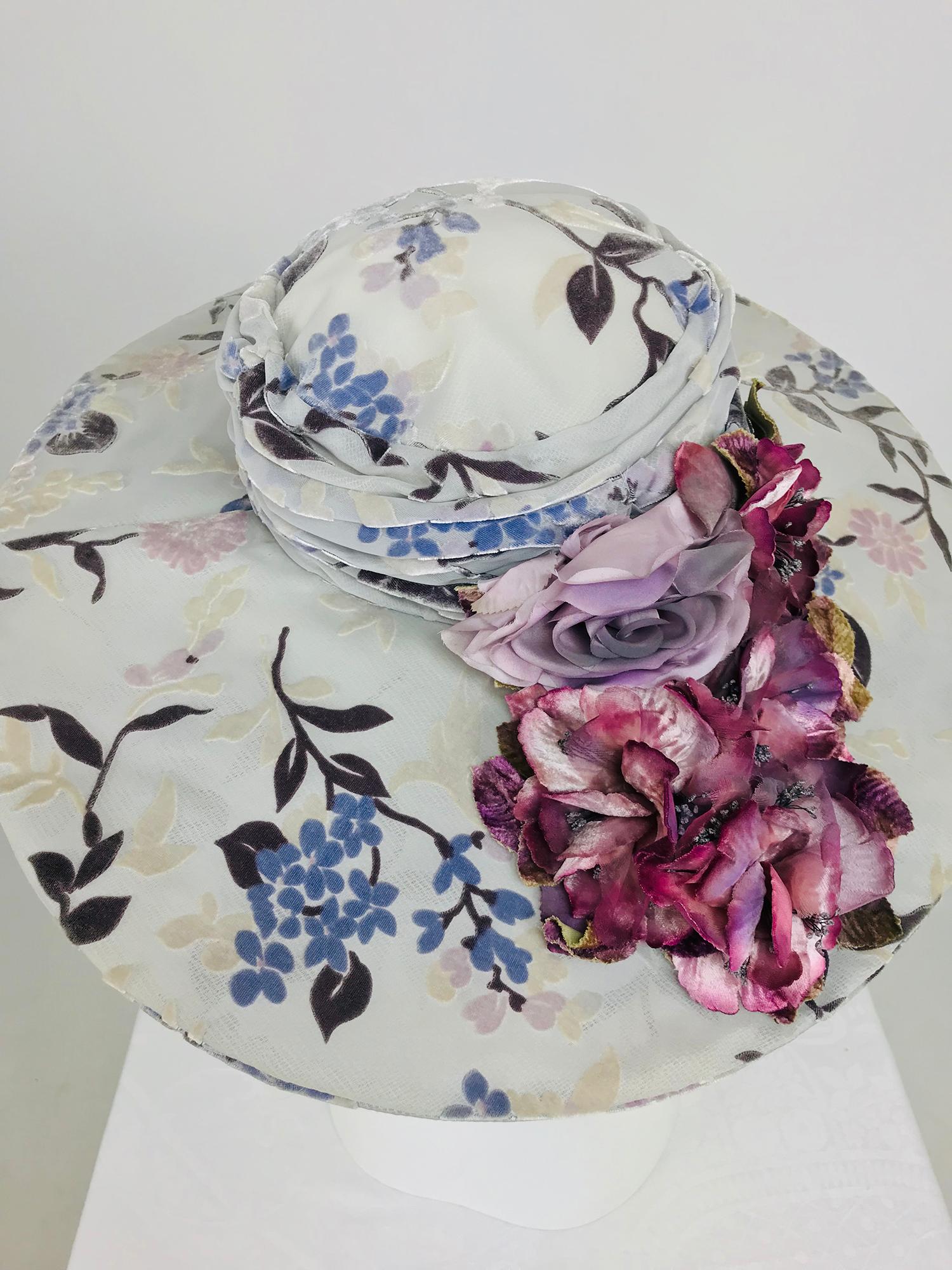 Gray Kokin New York Floral Embellished Devore Velvet Wide Brim Hat 1990s 