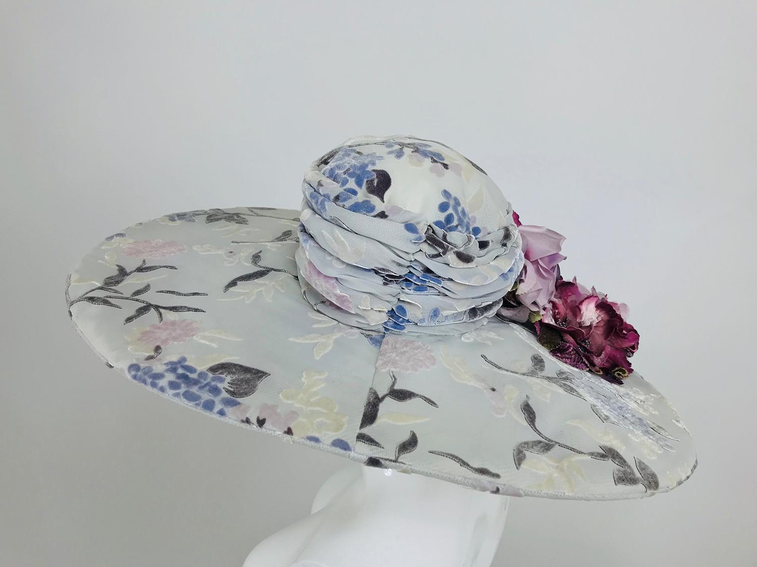Women's Kokin New York Floral Embellished Devore Velvet Wide Brim Hat 1990s 
