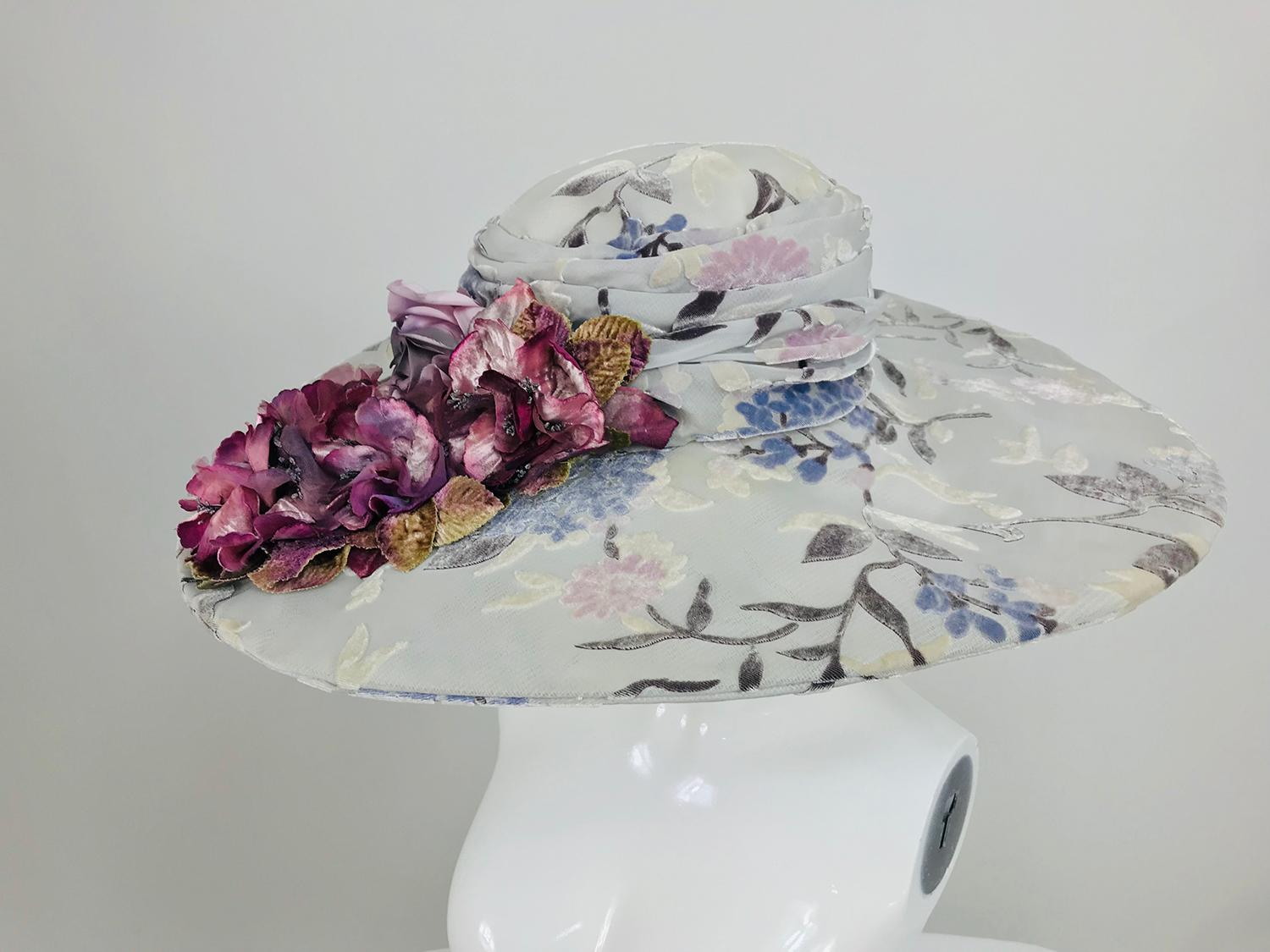 Kokin New York Floral Embellished Devore Velvet Wide Brim Hat 1990s  1