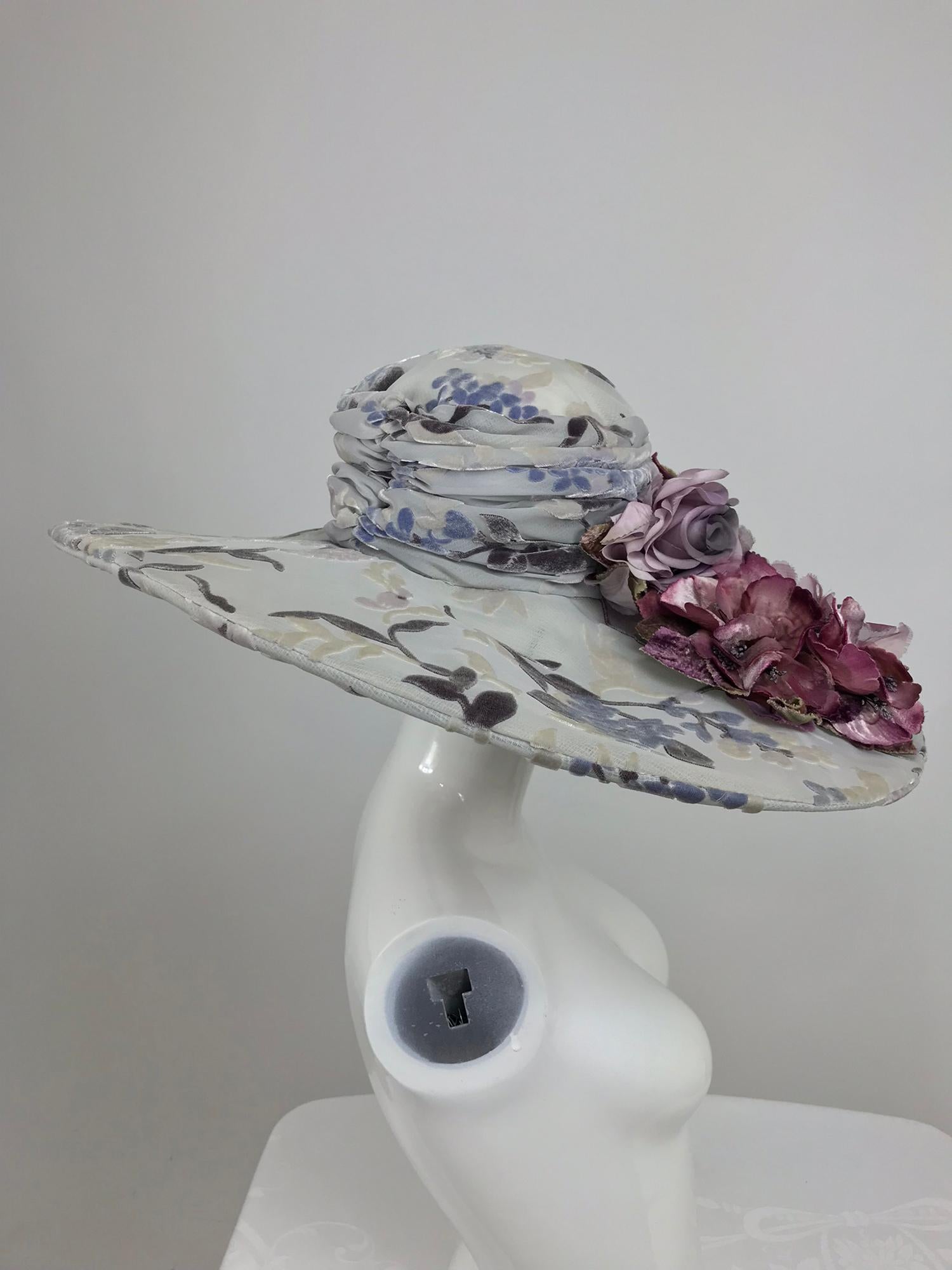 Kokin New York Floral Embellished Devore Velvet Wide Brim Hat 1990s  2